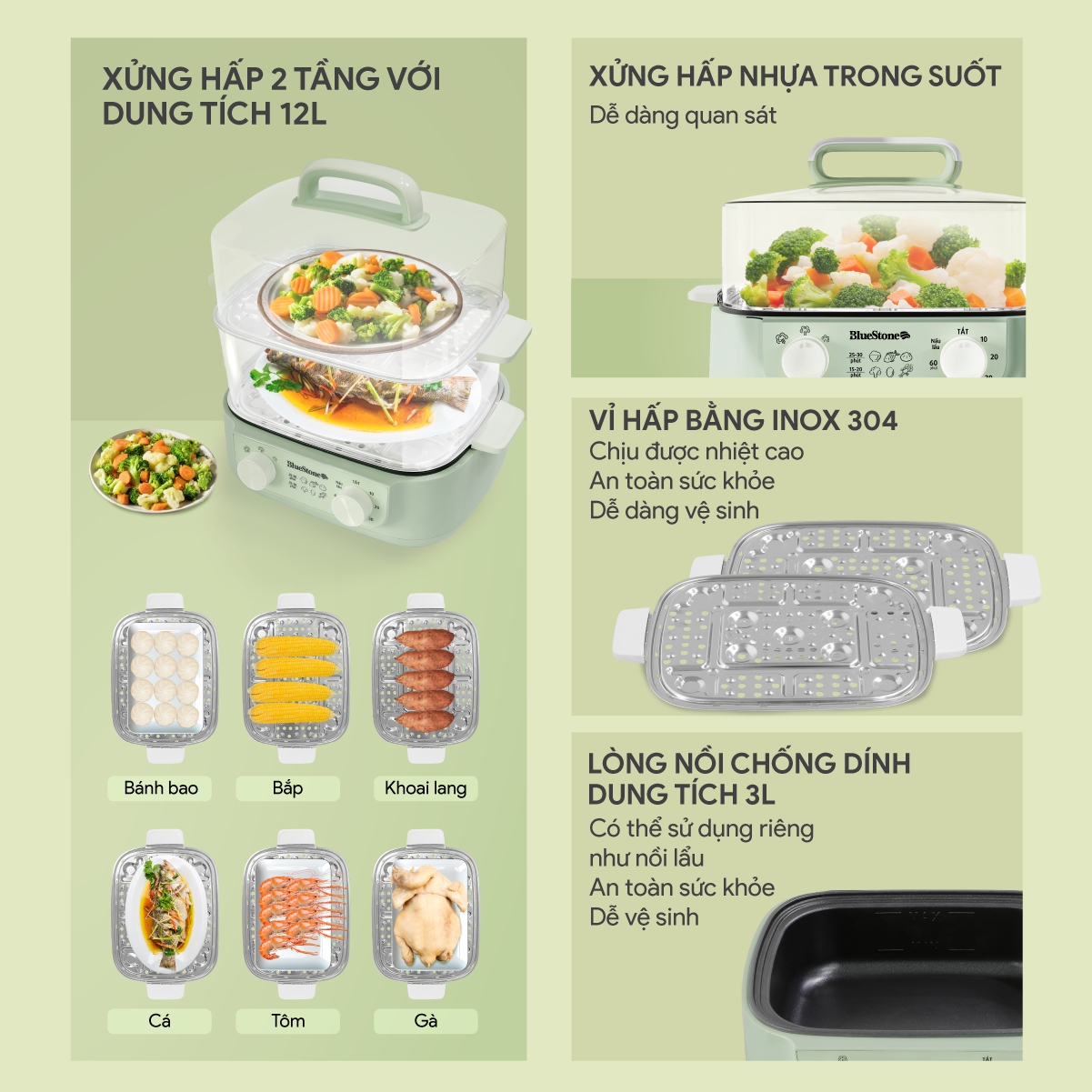 Mô tả Nồi Hấp Đa Năng BlueStone MPB-7235 - 1500W - Hấp 12 Lít - Lòng nồi 3 Lít - 5