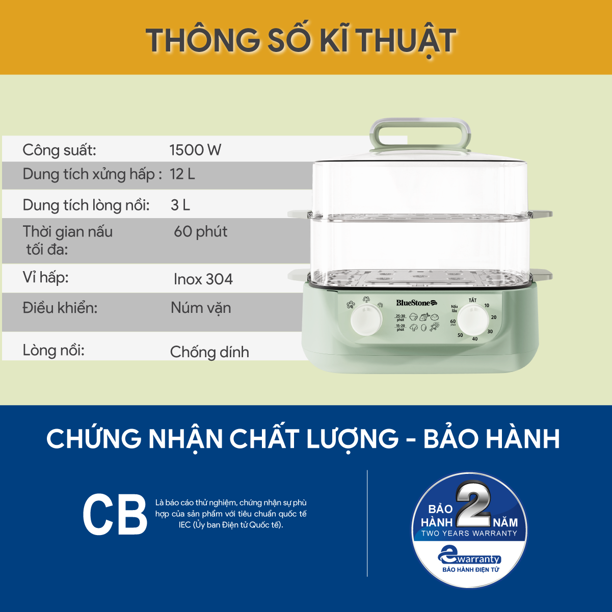 Mô tả Nồi Hấp Đa Năng BlueStone MPB-7235 - 1500W - Hấp 12 Lít - Lòng nồi 3 Lít - 7