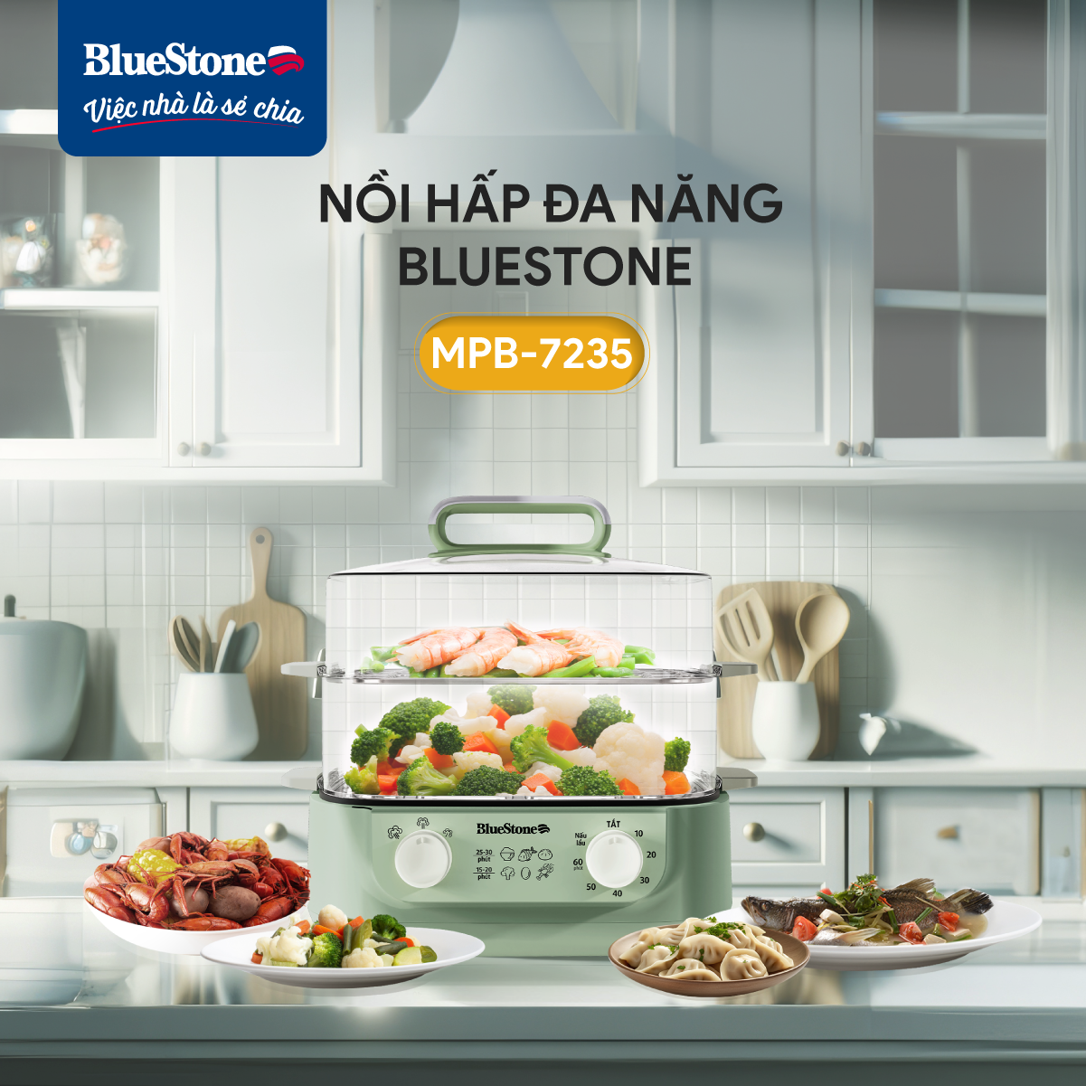 Mô tả Nồi Hấp Đa Năng BlueStone MPB-7235 - 1500W - Hấp 12 Lít - Lòng nồi 3 Lít - 8