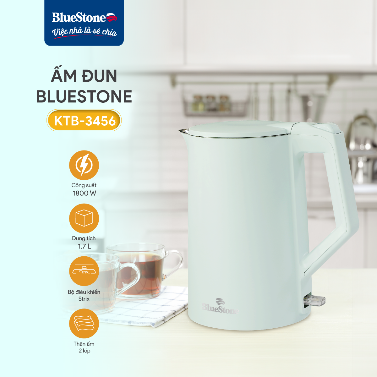 Mô tả Ấm Đun Nước 2 Lớp BlueStone KTB-3456 - 1,7L - 1800W - 1