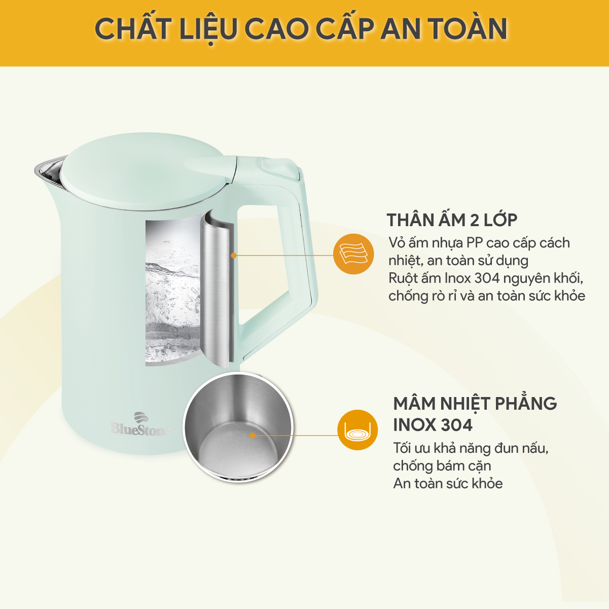 Mô tả Ấm Đun Nước 2 Lớp BlueStone KTB-3456 - 1,7L - 1800W - 3
