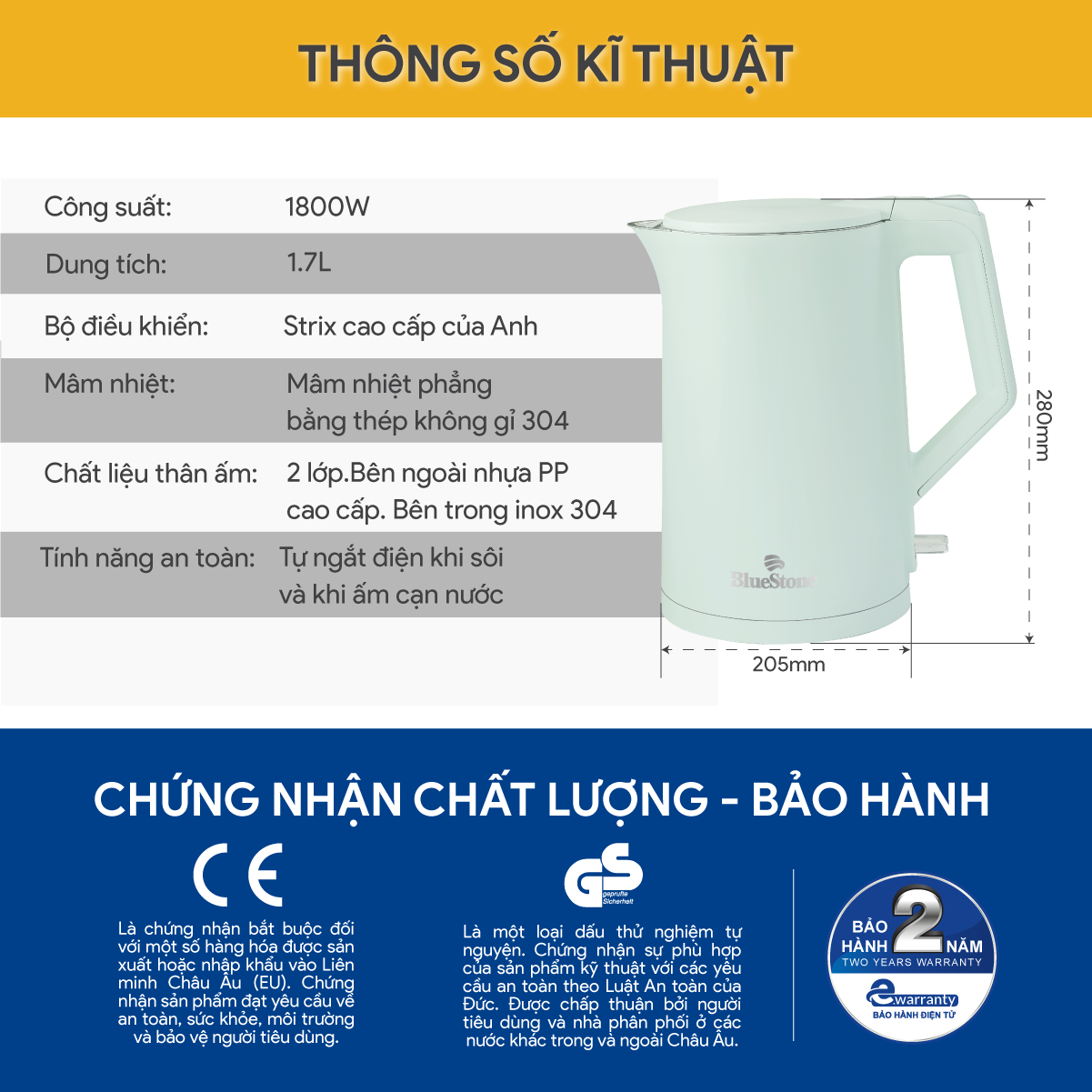 Mô tả Ấm Đun Nước 2 Lớp BlueStone KTB-3456 - 1,7L - 1800W - 6