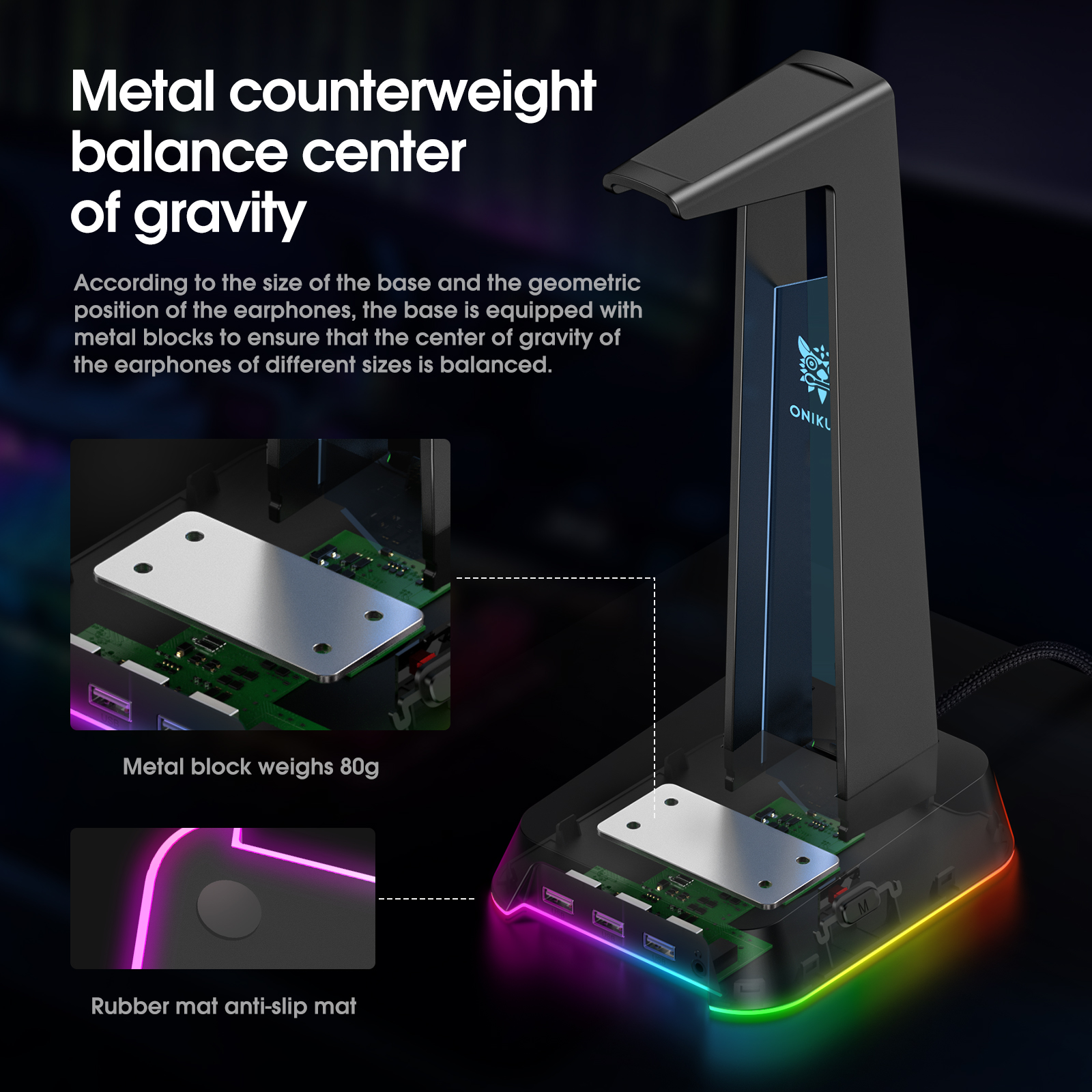 Mô tả Onikuma ST-2 Giá Đỡ Tai Nghe / Chân Đế - Đèn Rgb Tích Hợp 3 Cổng Usb + Jack 3.5mm - Hỗ Trợ Sạc Pin - 4