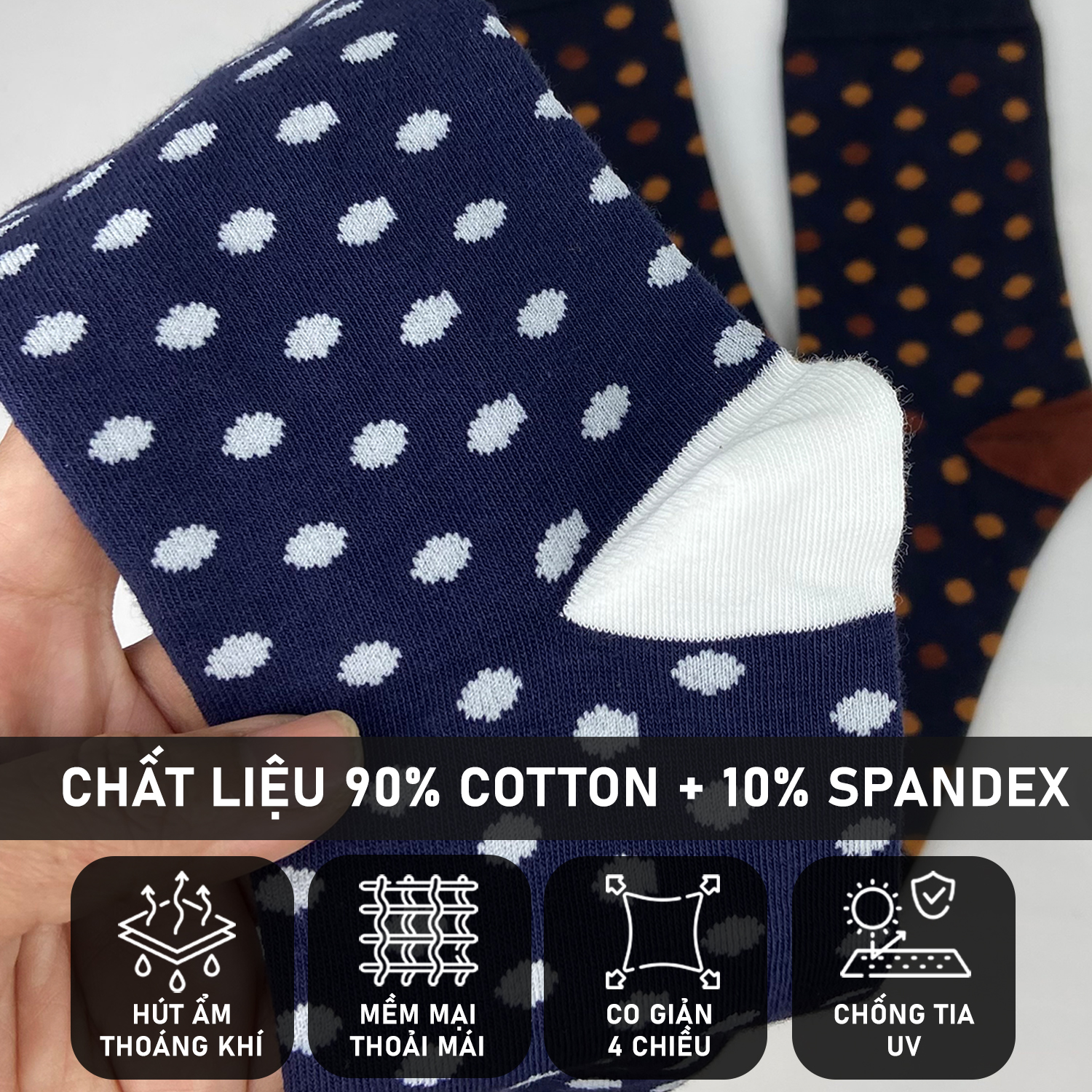Mô tả Combo 5 đôi tất nam cổ cao công sở mang giầy tây họa tiết chấm bi chất liệu Cotton cao cấp thương hiệu RANO - 3