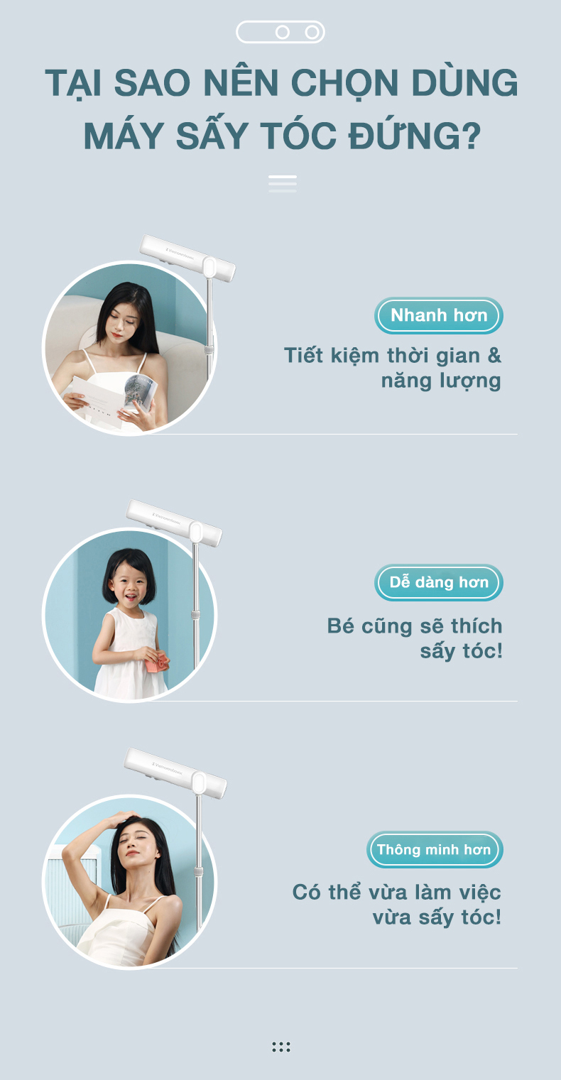 Mô tả Máy Sấy Tóc Đứng Vietnamrobovac A0D - Sấy Tóc Tự Động- Dưỡng Tóc Mềm Mượt Bằng ion Âm - Điều Chỉnh Góc 180 Độ - 1
