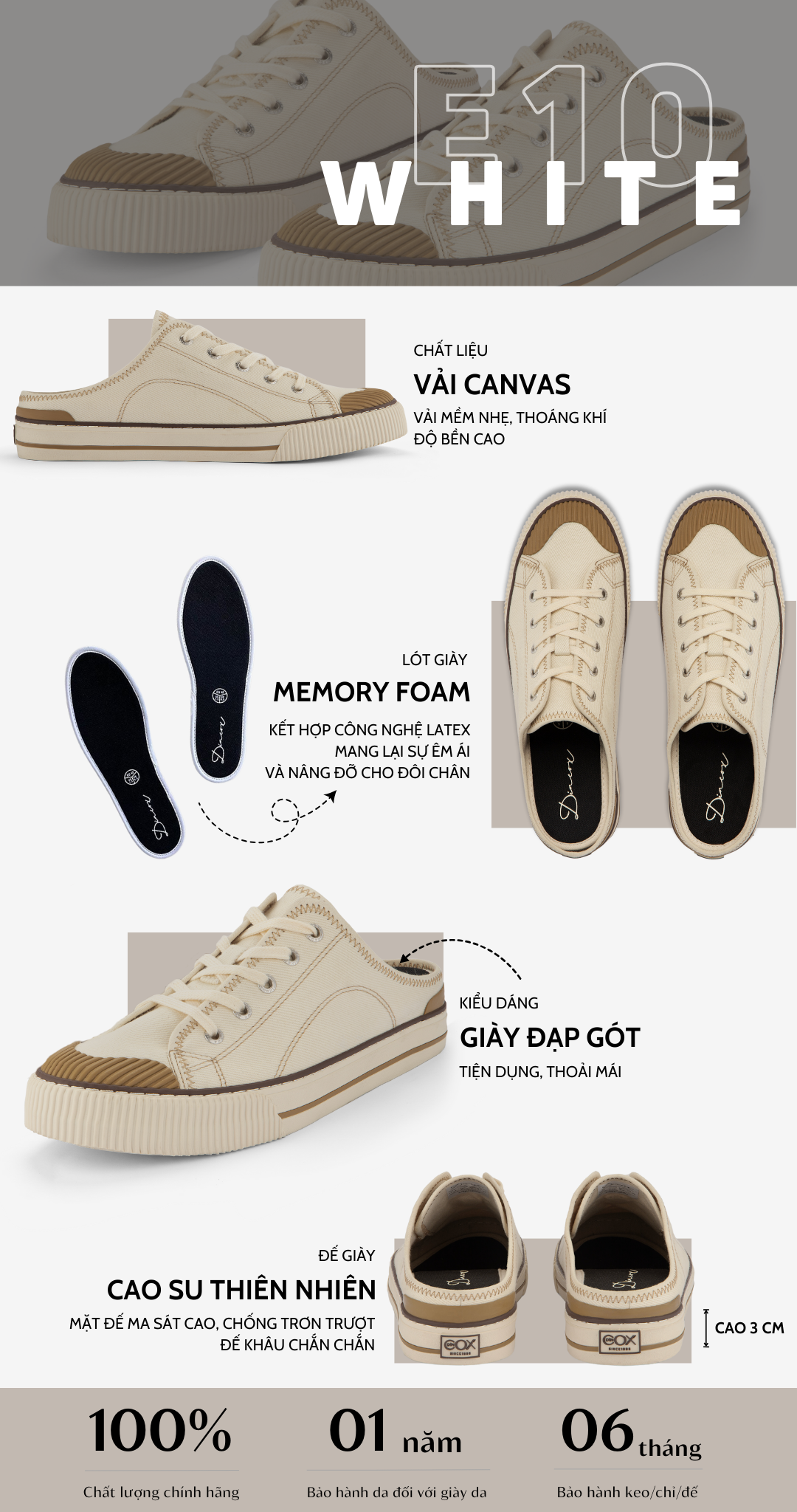 Mô tả Giày Sục Đạp Gót Mules Vải Sneaker Unisex, Giày Sục Thể Thao Tăng Chiều Cao 4cm DINCOX E10 Off/white - 1