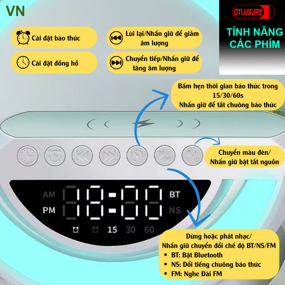 Đèn deco tích hợp đồng hồ báo thức, loa bluetooth DTLUXURY BT3401 DT08 ...