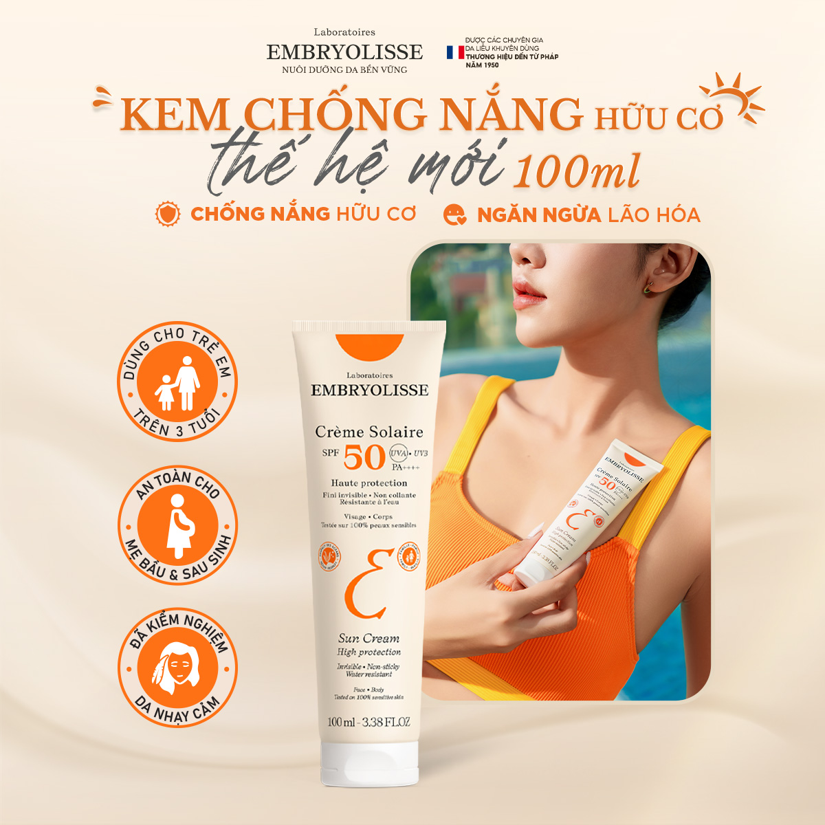 Mô tả Kem Chống Nắng Hữu Cơ Thế Hệ Mới - Chống UV Phổ Rộng Và Ngăn Ngừa Lão Hóa Embryolisse Dành Cho Da Khô, Nhạy Cảm 100ml - 1