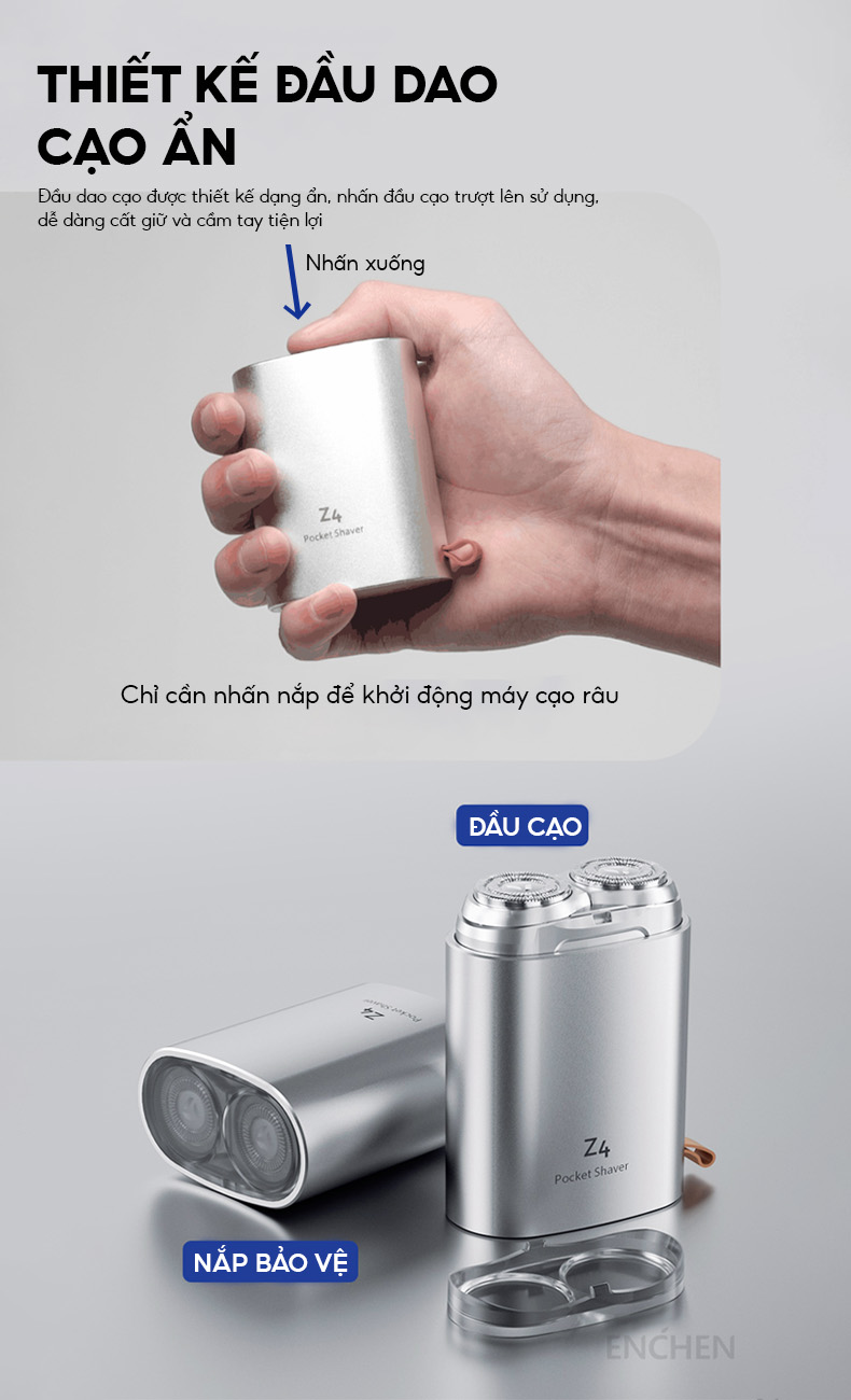 Mô tả Máy cạo râu Enchen Z4 đầu cạo 2D ẩn, thân nhôm chống nước IPX7, 18 lưỡi dao kép tự mài - BH 6 tháng - 8