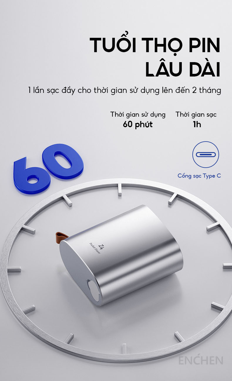Mô tả Máy cạo râu Enchen Z4 đầu cạo 2D ẩn, thân nhôm chống nước IPX7, 18 lưỡi dao kép tự mài - BH 6 tháng - 9