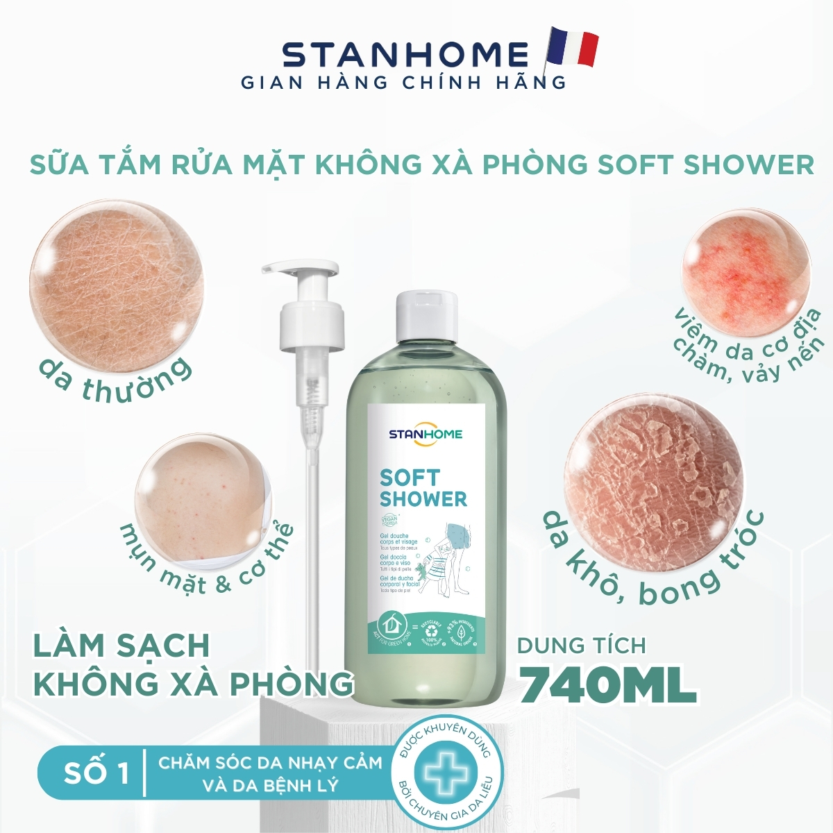 Mô tả Sữa tắm, rửa mặt  cấp ẩm cho viêm da cơ đia, chàm, vẩy nến, da mụn nước không xà phòng Stanhome Soft Shower 740ml - 3