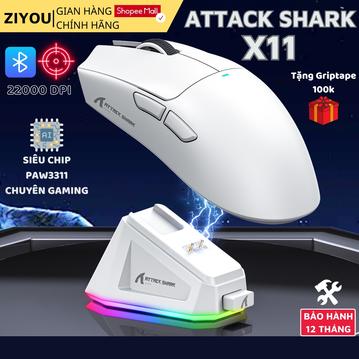 Mô tả Chuột Không Dây Bluetooth Chuyên Gaming Ziyou Attack Shark X11 Chip Khủng PAW3311 Pollingrate 1Khz - 2