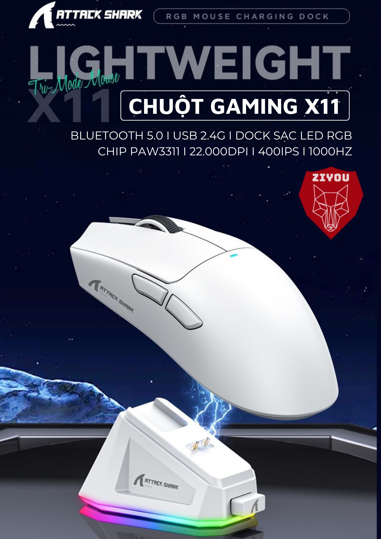 Mô tả Chuột Không Dây Bluetooth Chuyên Gaming Ziyou Attack Shark X11 Chip Khủng PAW3311 Pollingrate 1Khz - 3