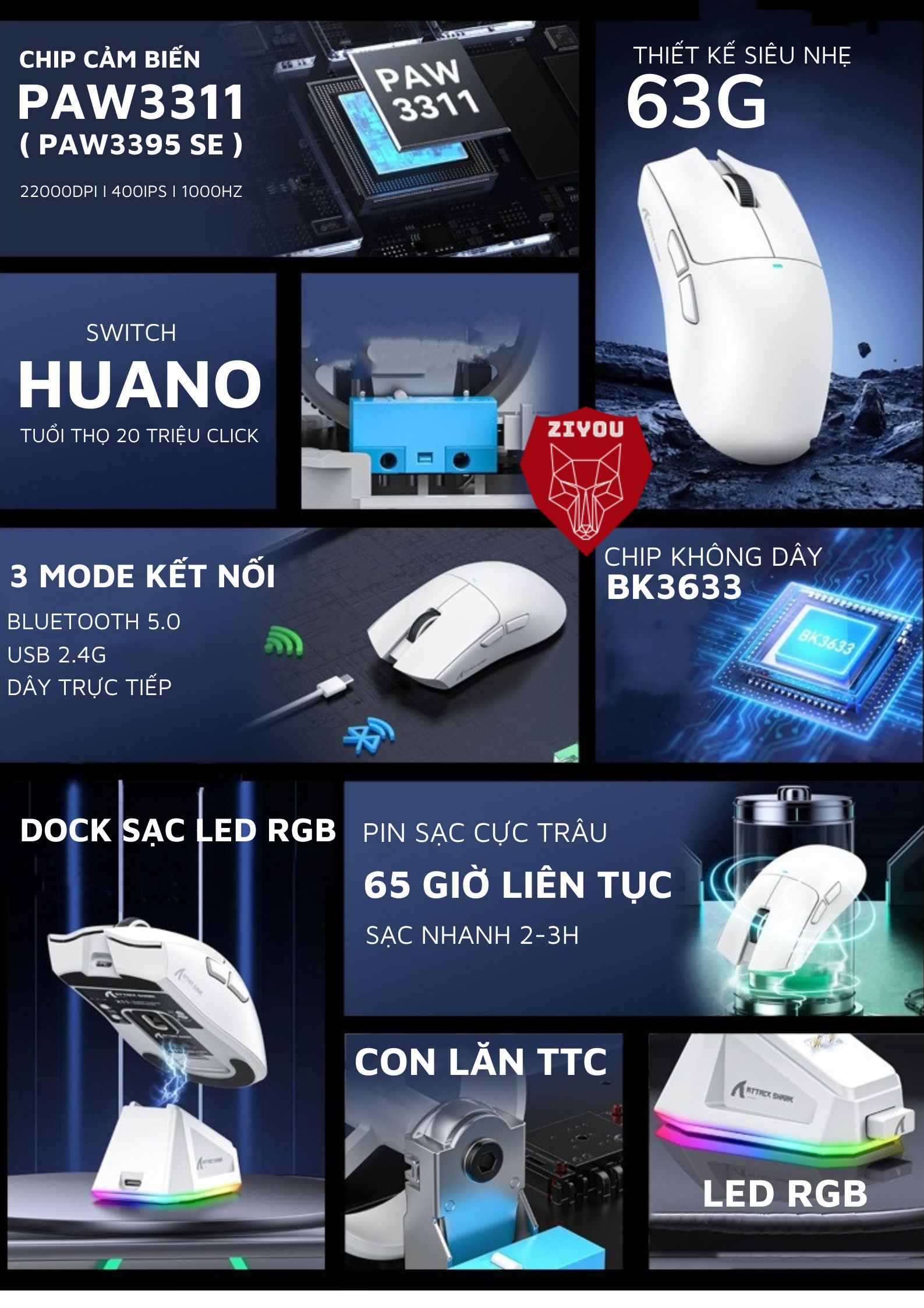 Mô tả Chuột Không Dây Bluetooth Chuyên Gaming Ziyou Attack Shark X11 Chip Khủng PAW3311 Pollingrate 1Khz - 4