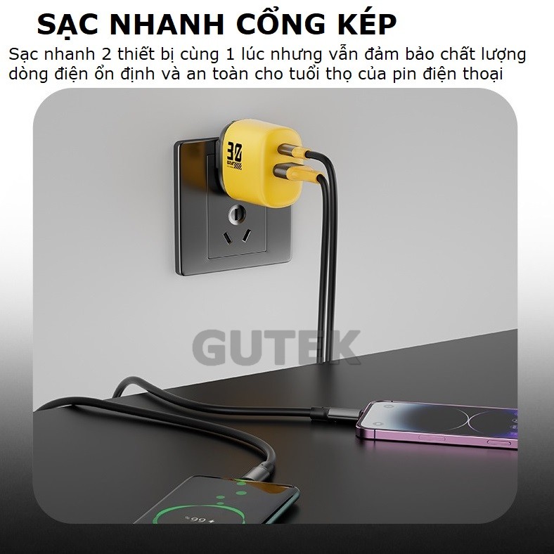 Mô tả Củ sạc nhanh GAN+ PD30W 2 cổng cắm usb type-c dùng cho điện thoại iphone samsung oppo – Gutek S520 - 2