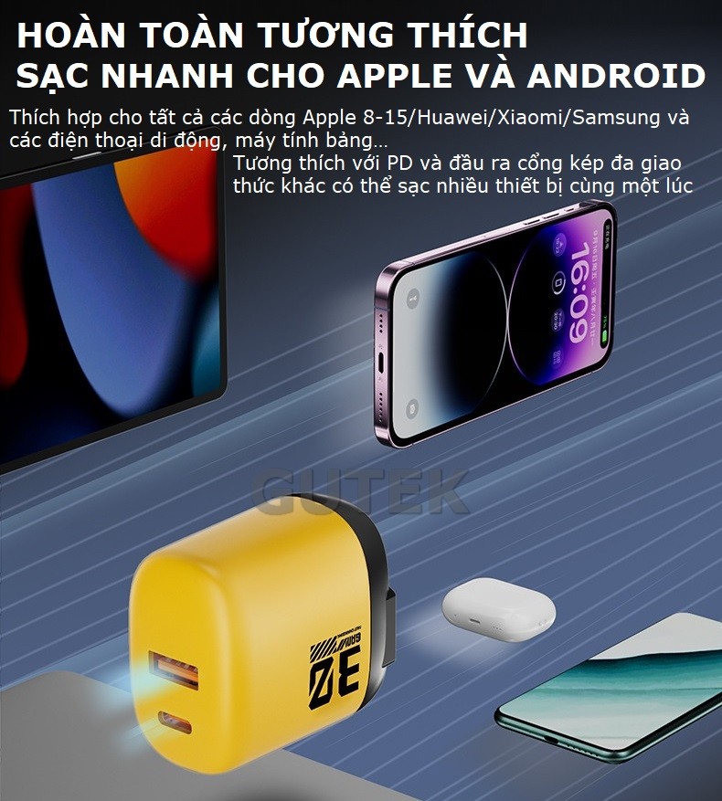 Mô tả Củ sạc nhanh GAN+ PD30W 2 cổng cắm usb type-c dùng cho điện thoại iphone samsung oppo – Gutek S520 - 4