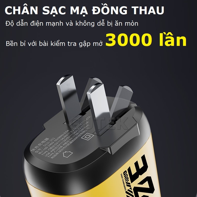 Mô tả Củ sạc nhanh GAN+ PD30W 2 cổng cắm usb type-c dùng cho điện thoại iphone samsung oppo – Gutek S520 - 7