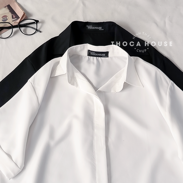 Mô tả Áo sơ mi công sở nữ trắng, đen săn tay ngắn giấu nút THOCA HOUSE vải lụa thoải mái, mát mẻ - 2