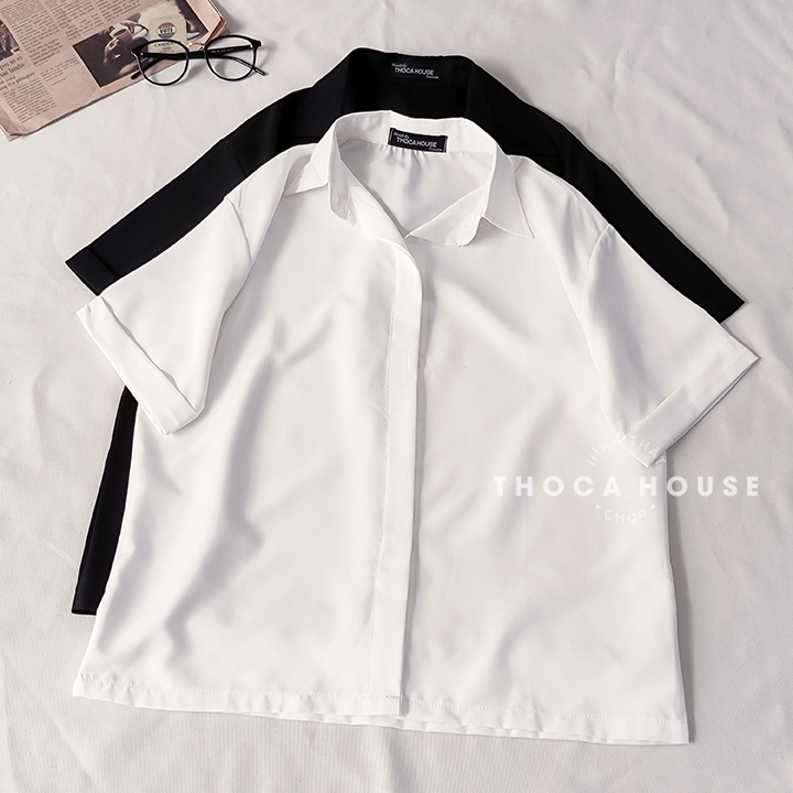 Mô tả Áo sơ mi công sở nữ trắng, đen săn tay ngắn giấu nút THOCA HOUSE vải lụa thoải mái, mát mẻ - 3