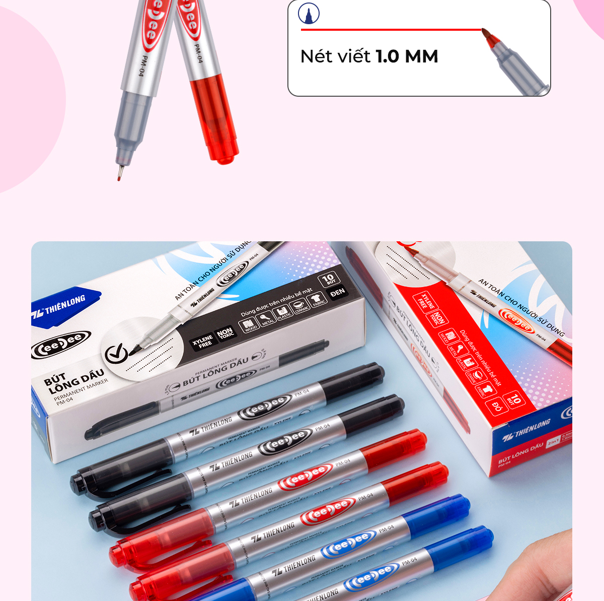 Mô tả Combo 5/10/20 Bút lông dầu 2 đầu bút Thiên Long PM-04 bám dính tốt trên các vật liệu: Giấy, gỗ,nhựa, thủy tinh, gốm, sứ - 3