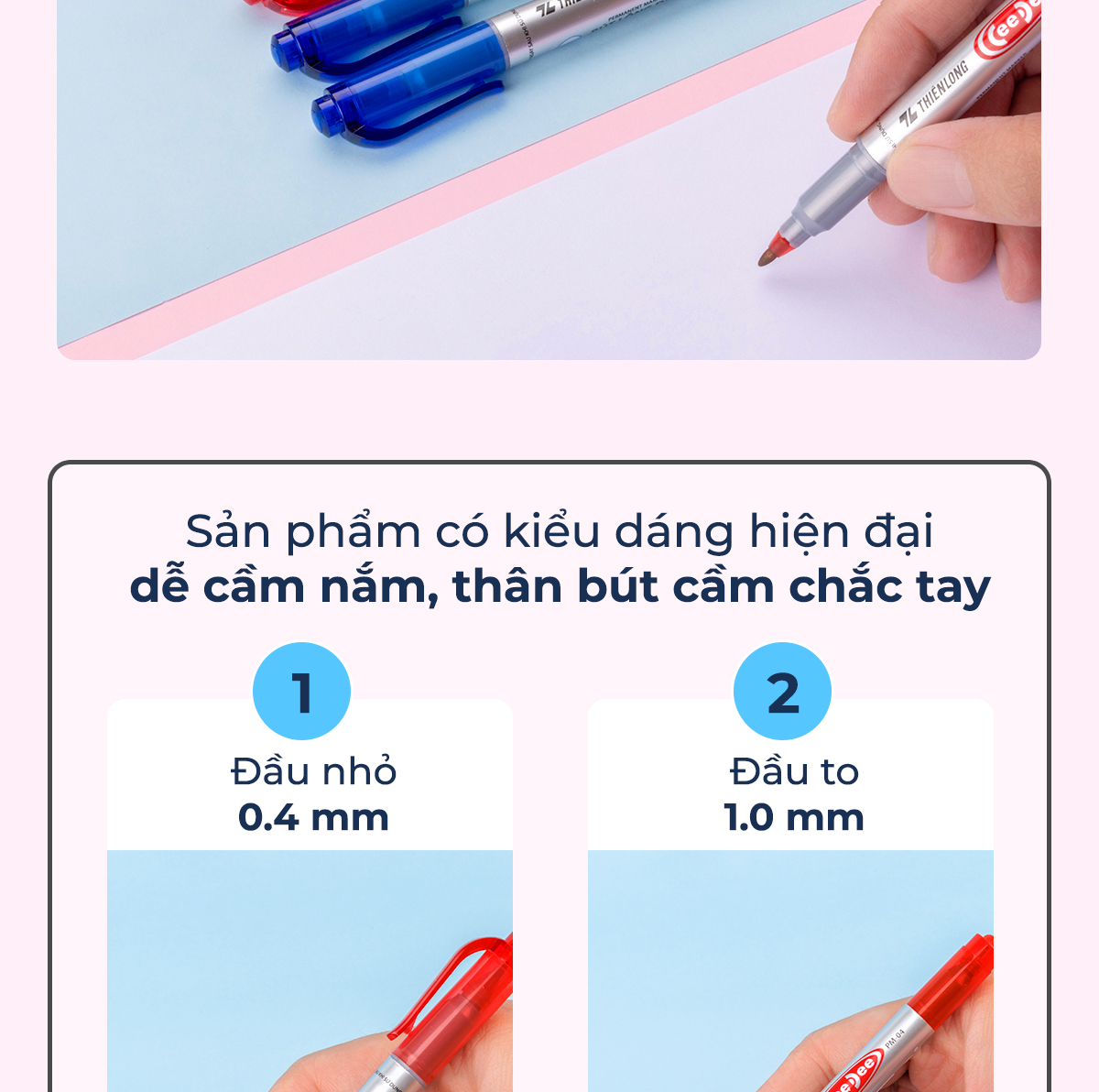 Mô tả Combo 5/10/20 Bút lông dầu 2 đầu bút Thiên Long PM-04 bám dính tốt trên các vật liệu: Giấy, gỗ,nhựa, thủy tinh, gốm, sứ - 4