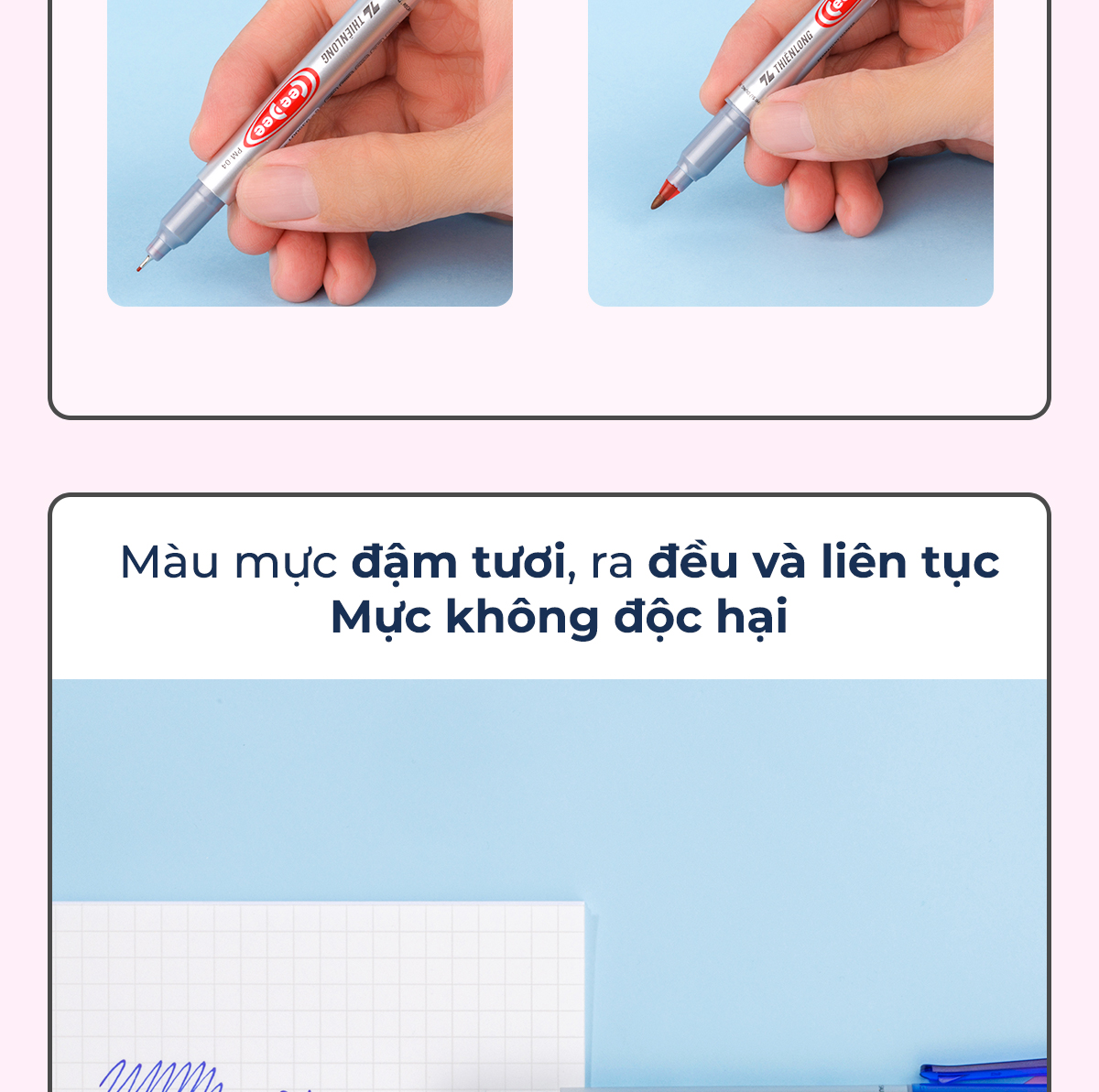 Mô tả Combo 5/10/20 Bút lông dầu 2 đầu bút Thiên Long PM-04 bám dính tốt trên các vật liệu: Giấy, gỗ,nhựa, thủy tinh, gốm, sứ - 5