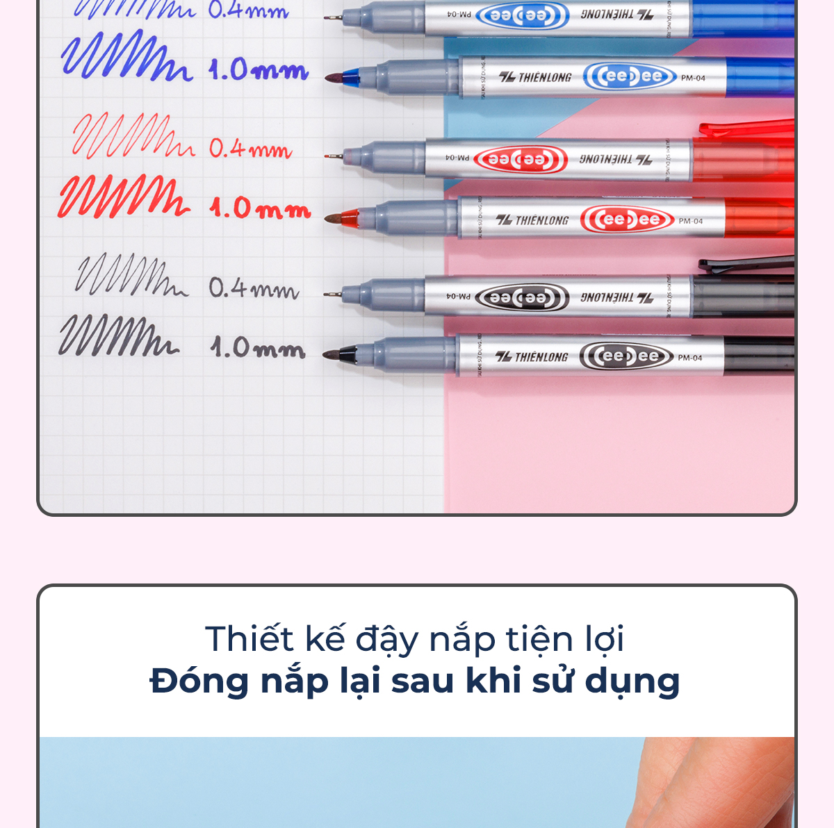 Mô tả Combo 5/10/20 Bút lông dầu 2 đầu bút Thiên Long PM-04 bám dính tốt trên các vật liệu: Giấy, gỗ,nhựa, thủy tinh, gốm, sứ - 6