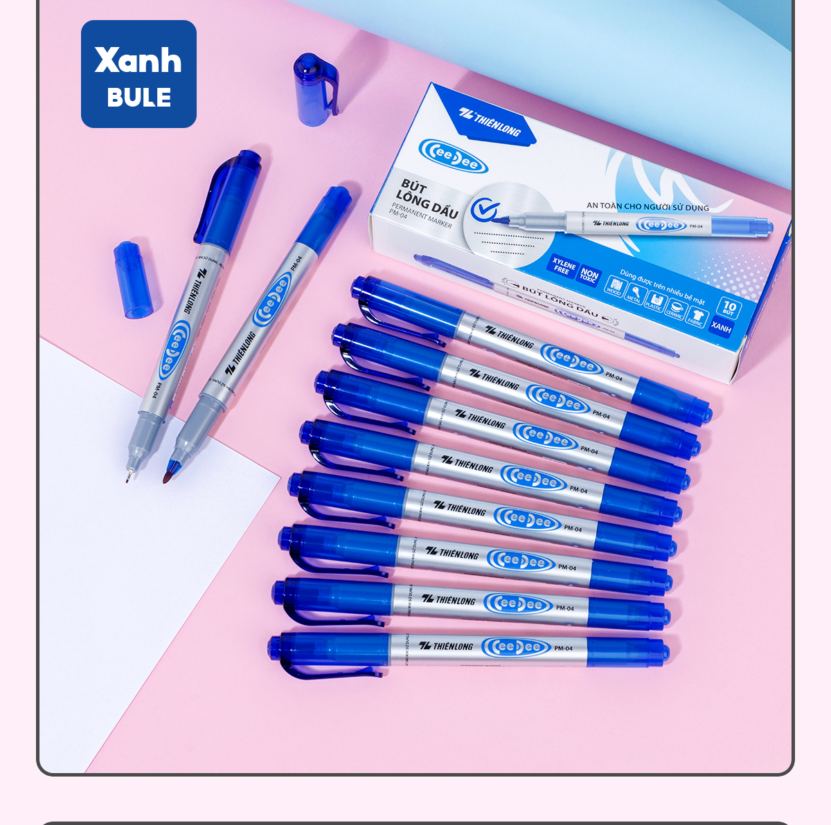 Mô tả Combo 5/10/20 Bút lông dầu 2 đầu bút Thiên Long PM-04 bám dính tốt trên các vật liệu: Giấy, gỗ,nhựa, thủy tinh, gốm, sứ - 8