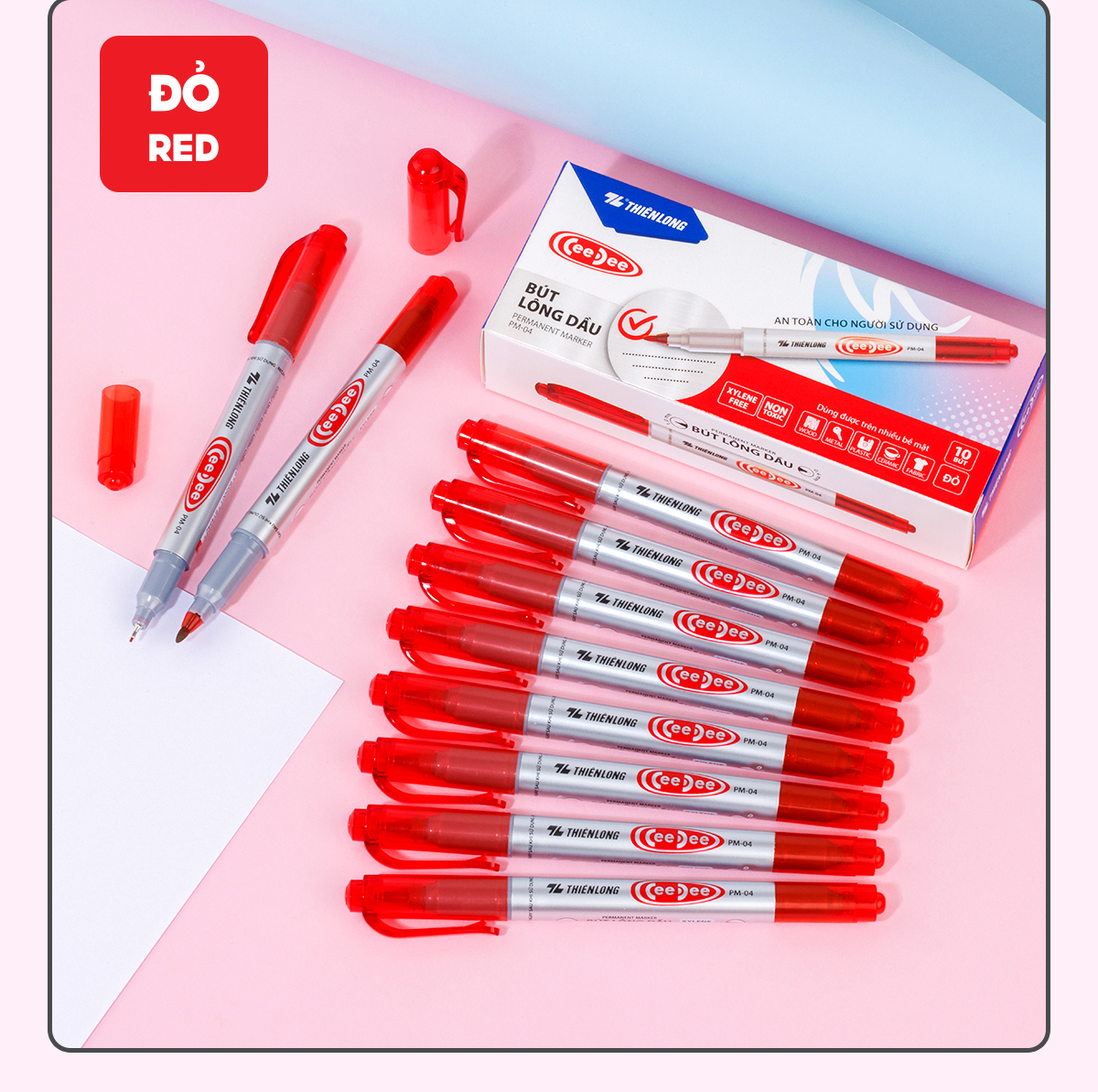 Mô tả Combo 5/10/20 Bút lông dầu 2 đầu bút Thiên Long PM-04 bám dính tốt trên các vật liệu: Giấy, gỗ,nhựa, thủy tinh, gốm, sứ - 9