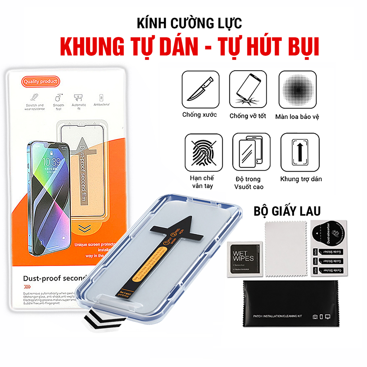 Kính Cường Lực iPhone Khung Tự Dán, Tự Hút Bụi, Chống Nhìn Trộm, Full Màn - Ốp iP X/XS/11/12/13/14/15/16/17/18Pro/MaxAir – ảnh mô tả chi tiết 1