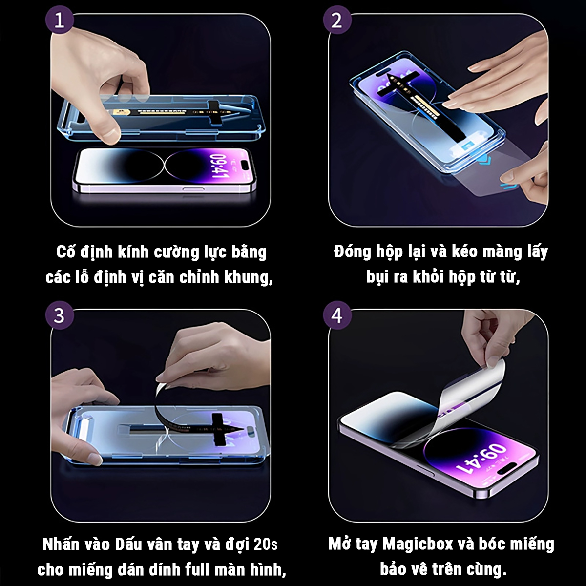 Kính Cường Lực iPhone Khung Tự Dán, Tự Hút Bụi, Chống Nhìn Trộm, Full Màn - Ốp iP X/XS/11/12/13/14/15/16/17/18Pro/MaxAir – ảnh mô tả chi tiết 5