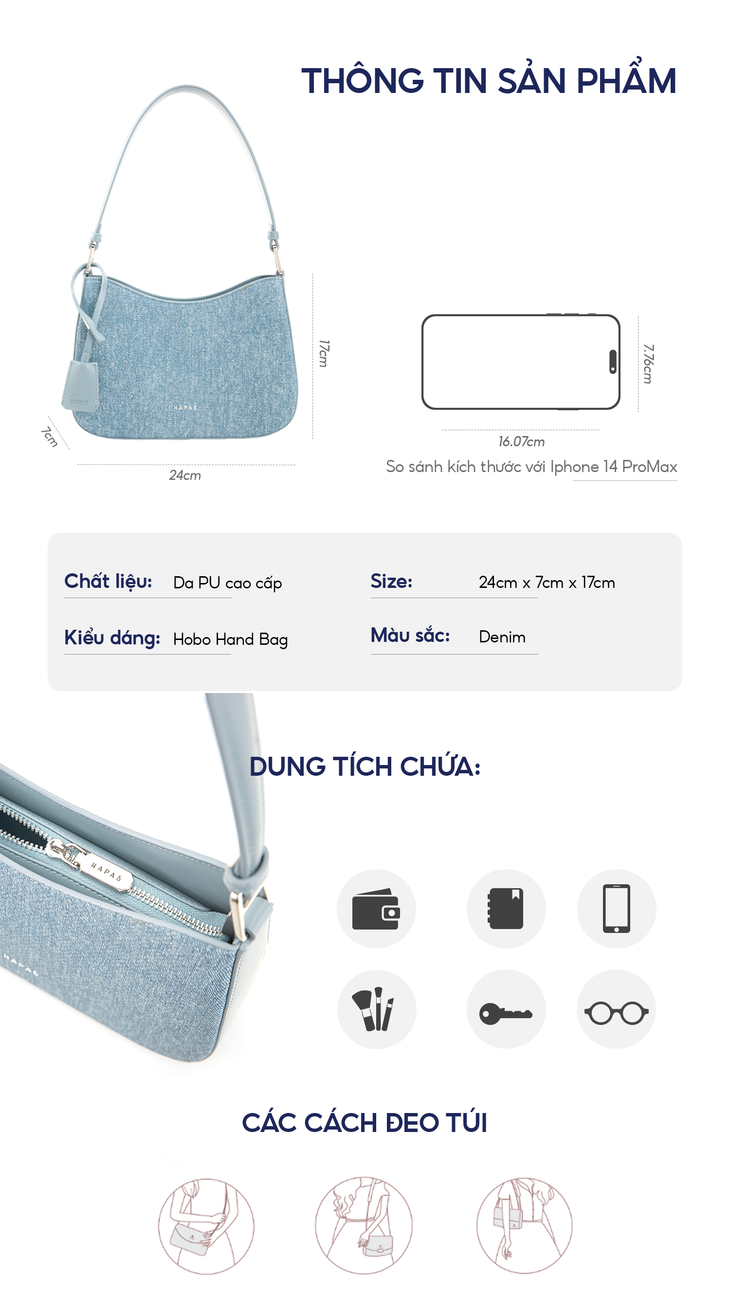 Mô tả Túi Xách Nữ Đeo Vai Aura Denim In You Hobo Quai Ngắn Sz 24 HAPAS - TDV23059 - 2
