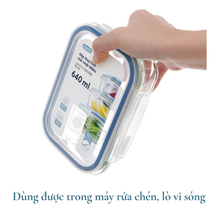 Mô tả Hộp thuỷ tinh chữ nhật Inochi Nikko, thiết kế nắp kín chống rò rỉ, sử dụng được trong lò nướng, hộp đựng cơm cao cấp - 4