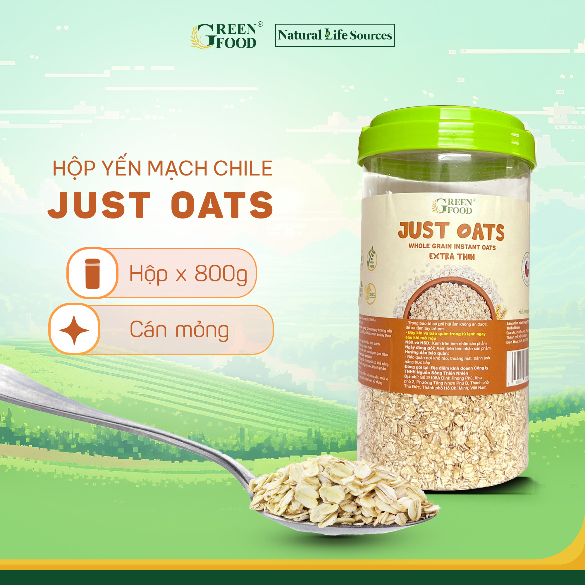 Mô tả Yến mạch Chile JUST OATS nguyên chất cán mỏng | Hộp 800g - 1