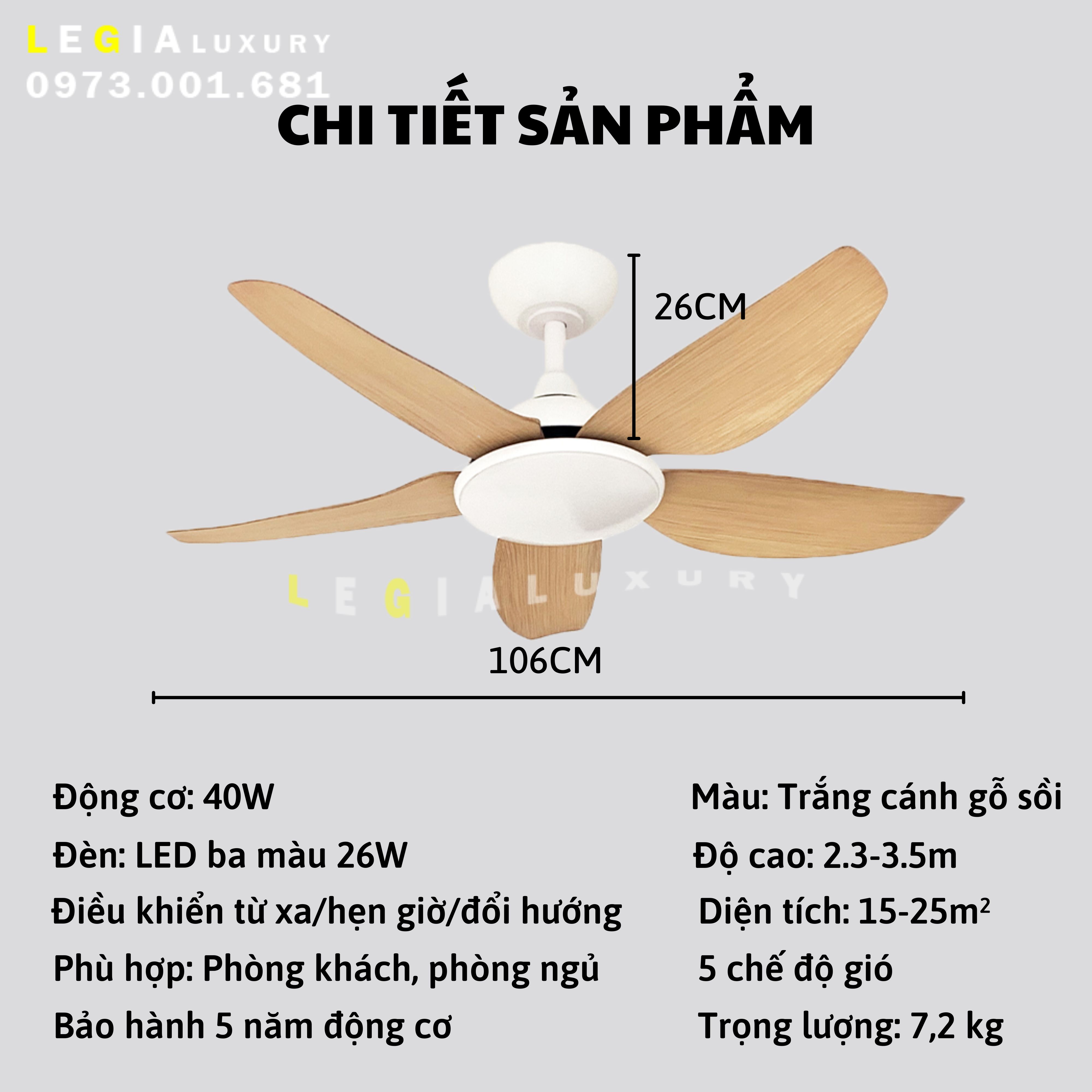 Mô tả Quạt Trần Chung Cư Cổ Ngắn Gió Mạnh | Quạt trần Lê Gia Bảo Hành 5 Năm - 2