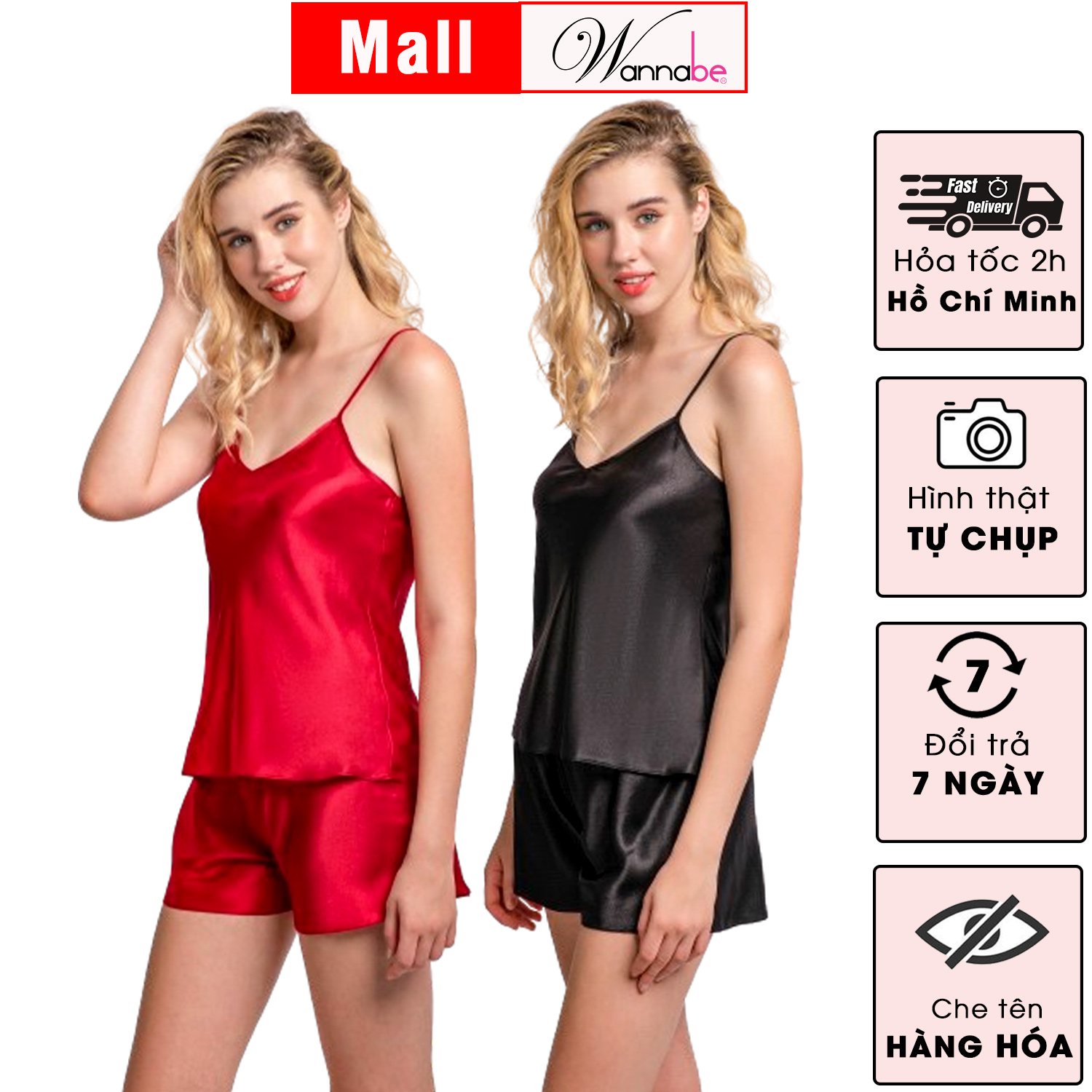 Mô tả COMBO 2 đồ bộ mặc nhà WANNABE đồ ngủ nữ quần sọt áo 2 dây lụa mịn mát kiểu đơn giản thoải mái BS612 - 1