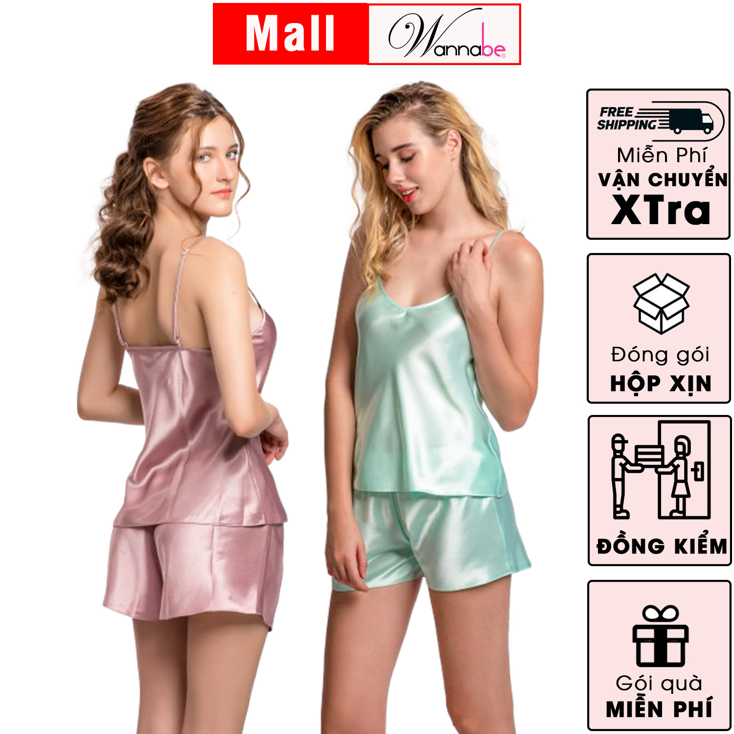 Mô tả COMBO 2 đồ bộ mặc nhà WANNABE đồ ngủ nữ quần sọt áo 2 dây lụa mịn mát kiểu đơn giản thoải mái BS612 - 3