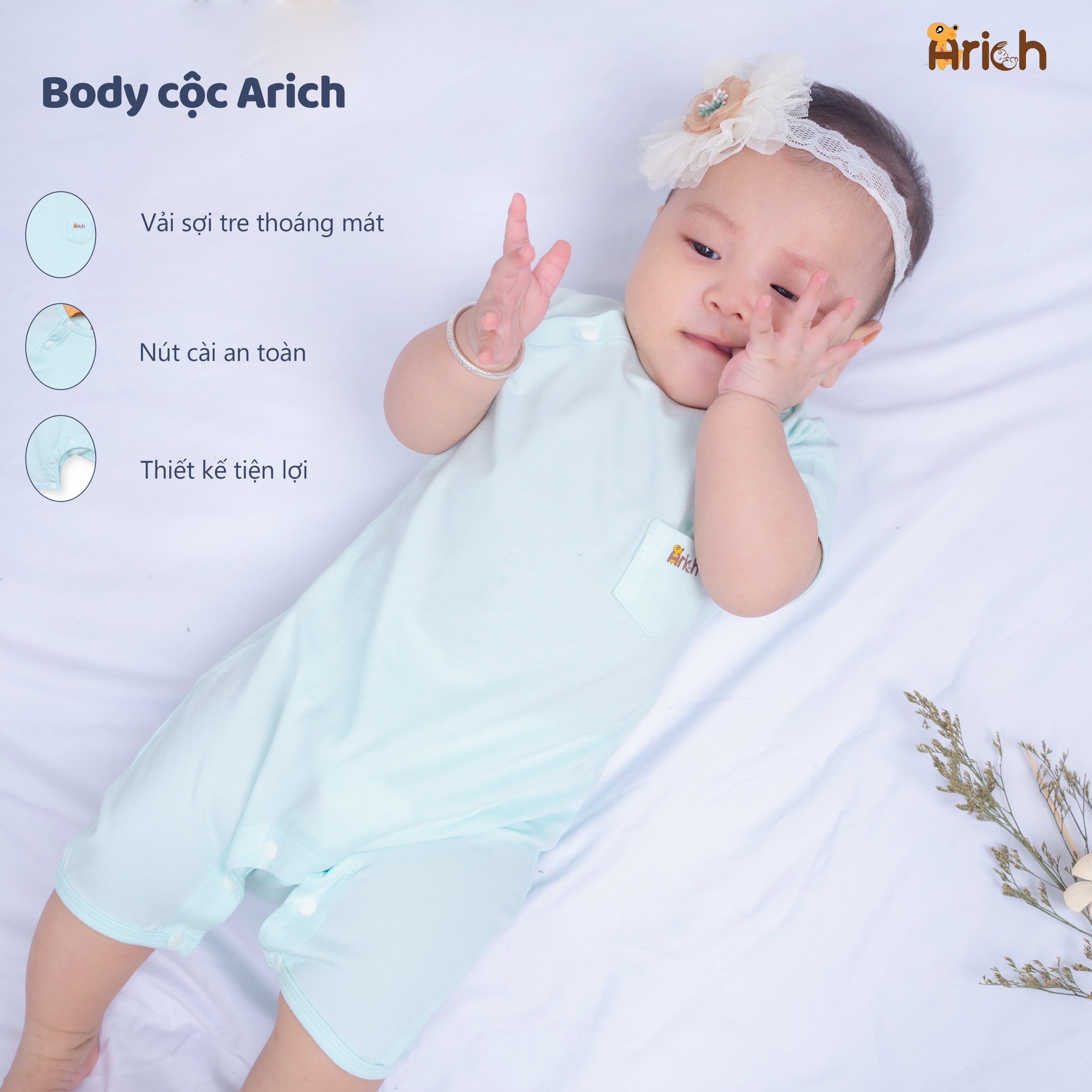Mô tả Body cộc tay Arich vải sợi tre petit cao cấp, co giãn, mềm mịn cho bé trai bé gái size 0-18tháng - 1