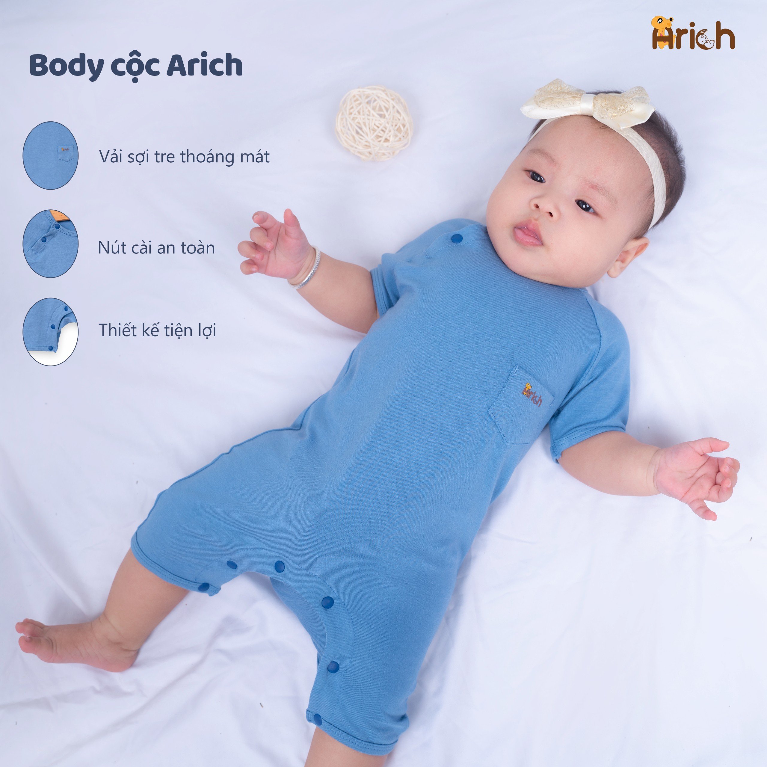 Mô tả Body cộc tay Arich vải sợi tre petit cao cấp, co giãn, mềm mịn cho bé trai bé gái size 0-18tháng - 2