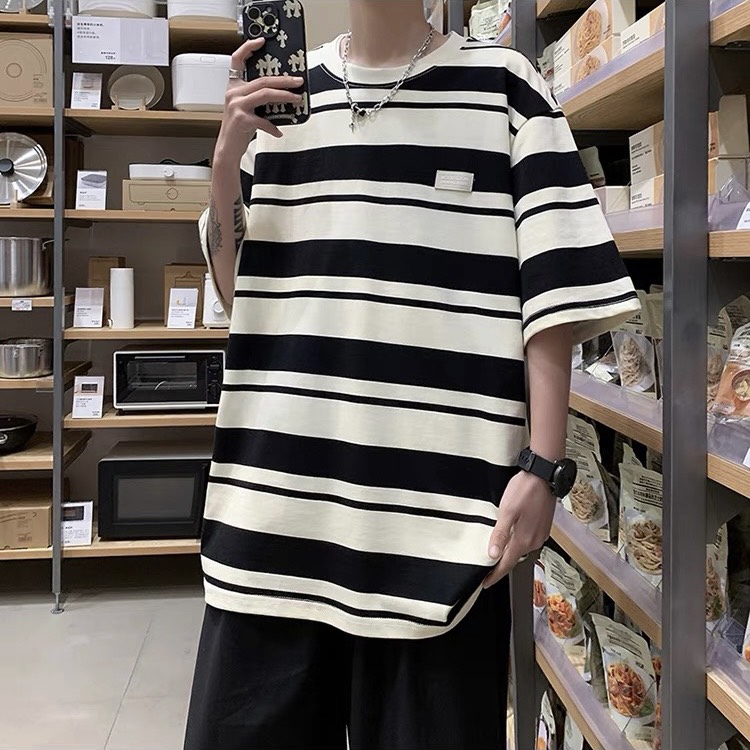 Mô tả Áo Thun Nam Nữ Kẻ Sọc Ngang phối logo JIEBANGREN NAD Unisex Áo Phông Unisex Kẻ Sọc Chất Liệu Cotton KS 01 - 1