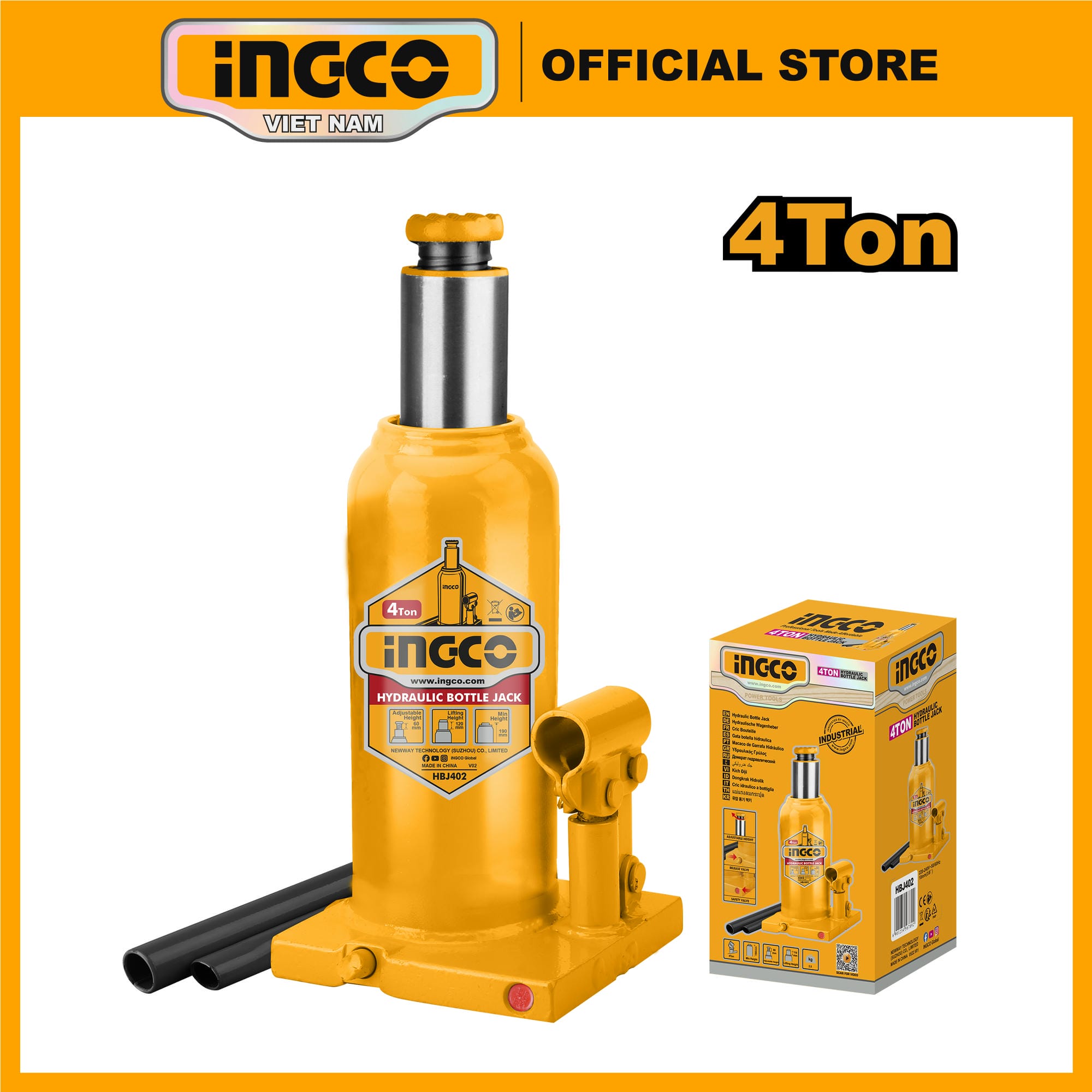 Mô tả Kích thủy lực 4 tấn INGCO HBJ402 tối thiểu chiều cao 190mm, tối đa chiều cao 370mm - 1
