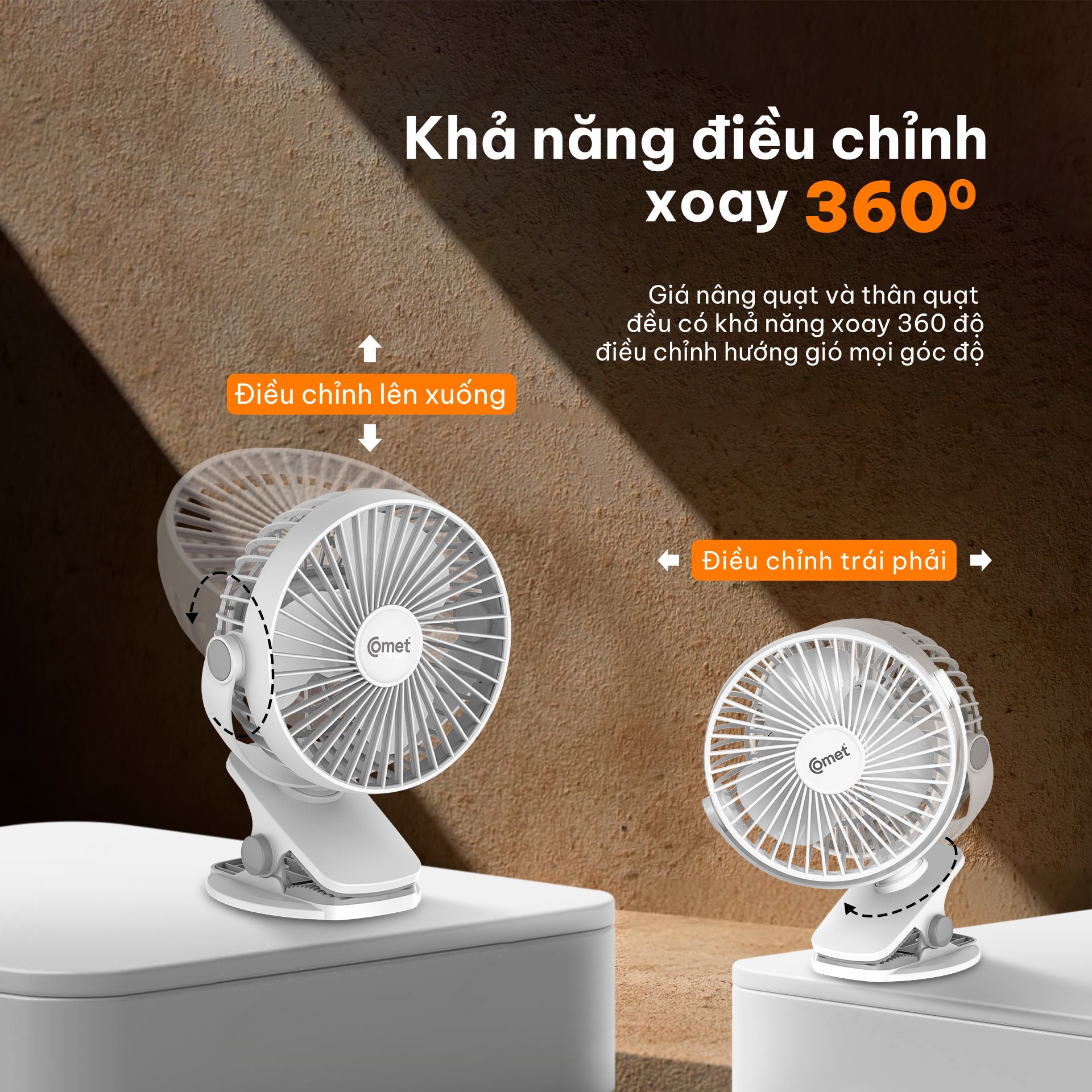 Mô tả Quạt Sạc Tích Điện Mini Kẹp Bàn Comet CRF0705 5W Đế Kẹp Xe Đẩy Hoặc Để Bàn Xoay 360 Độ - 2