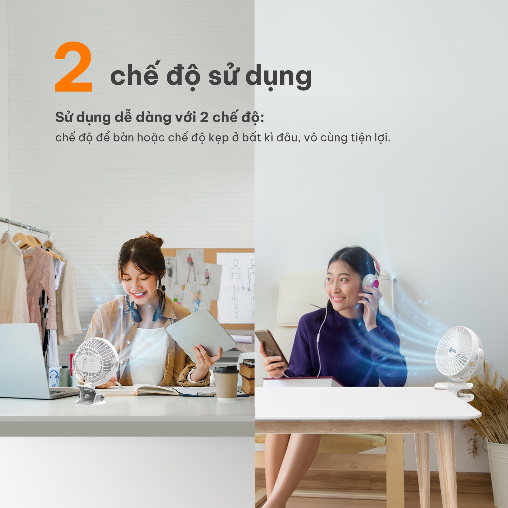 Mô tả Quạt Sạc Tích Điện Mini Kẹp Bàn Comet CRF0705 5W Đế Kẹp Xe Đẩy Hoặc Để Bàn Xoay 360 Độ - 4