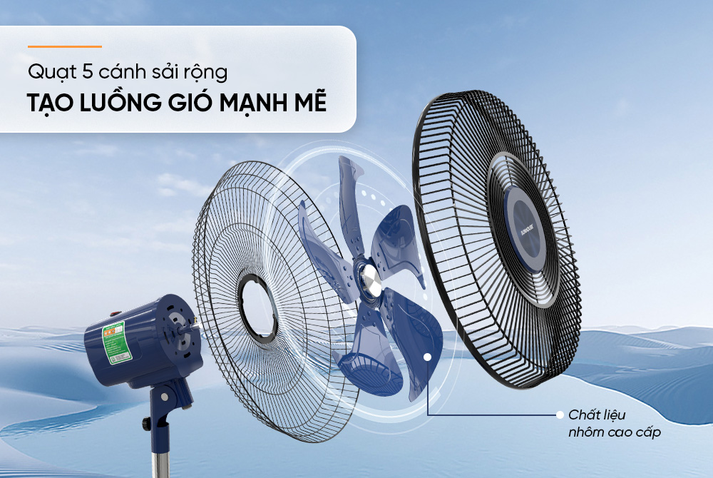 Mô tả Quạt đứng Sunhouse 5 cánh 120W SHD-7392, động cơ đồng nguyên chất, vận hành êm ái, không tiếng ồn - 4