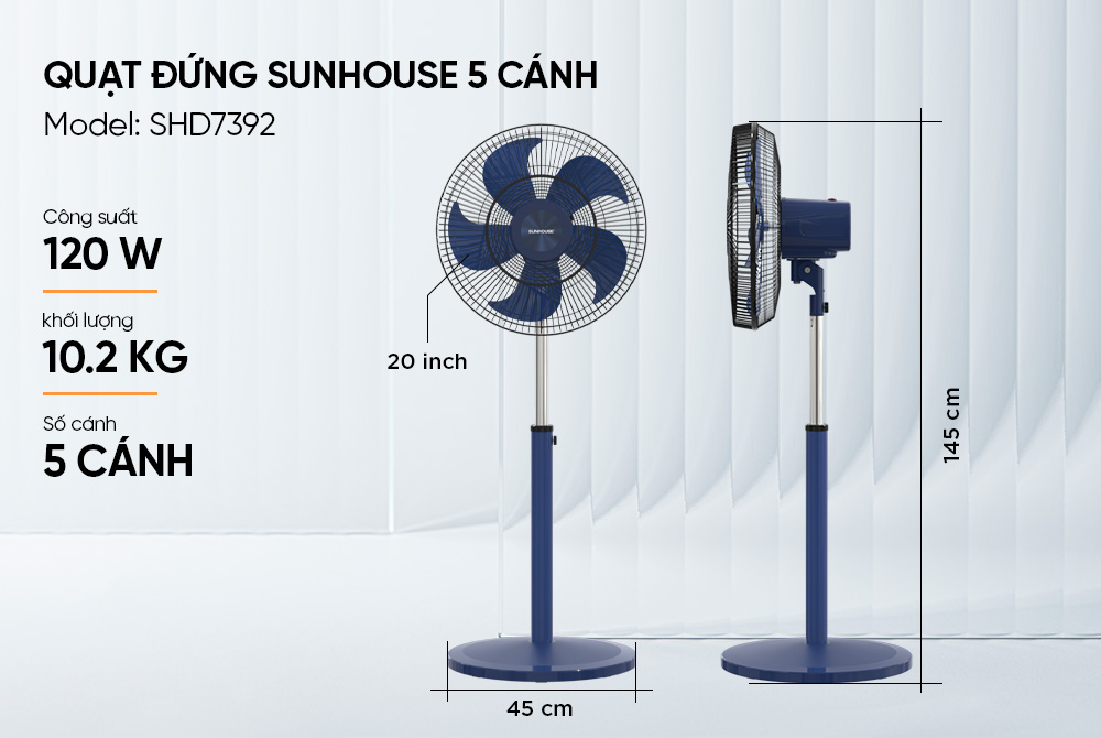 Mô tả Quạt đứng Sunhouse 5 cánh 120W SHD-7392, động cơ đồng nguyên chất, vận hành êm ái, không tiếng ồn - 5