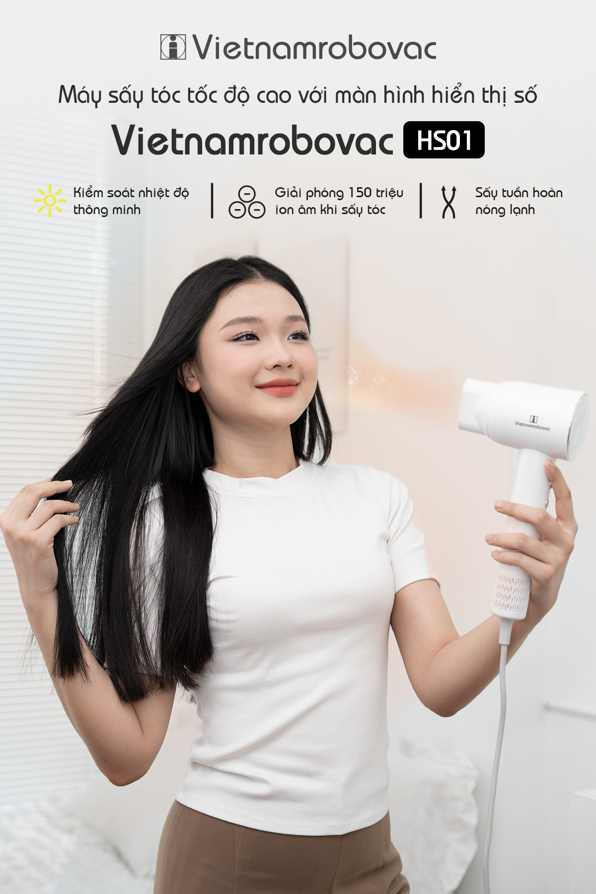 Mô tả Máy Sấy Tóc Đa Năng Ion Âm HS01 Vietnamrobovac Digital High - Chế Độ Sấy Trẻ Em - Hàng Chính Hãng - 1