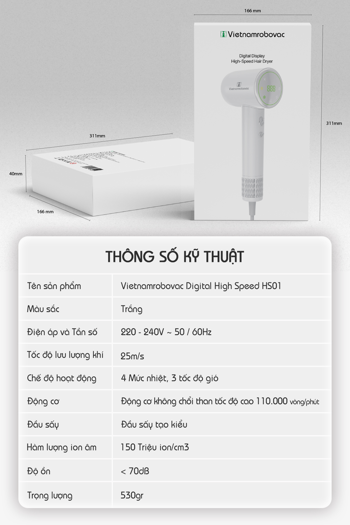 Mô tả Máy Sấy Tóc Đa Năng Ion Âm HS01 Vietnamrobovac Digital High - Chế Độ Sấy Trẻ Em - Hàng Chính Hãng - 10