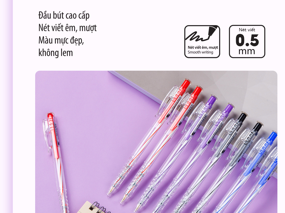 Mô tả Combo 5/10/20 Bút bi Thiên Long TL-027 mực xanh/đỏ/đen/tím ngòi 0.5mm, nét viết đều dành cho học sinh, văn phòng - 3