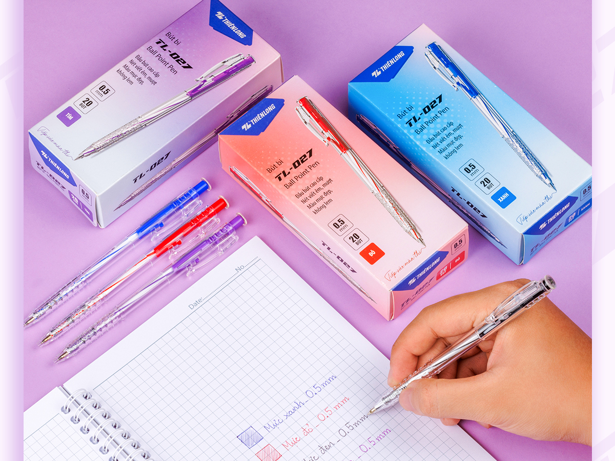 Mô tả Combo 5/10/20 Bút bi Thiên Long TL-027 mực xanh/đỏ/đen/tím ngòi 0.5mm, nét viết đều dành cho học sinh, văn phòng - 10