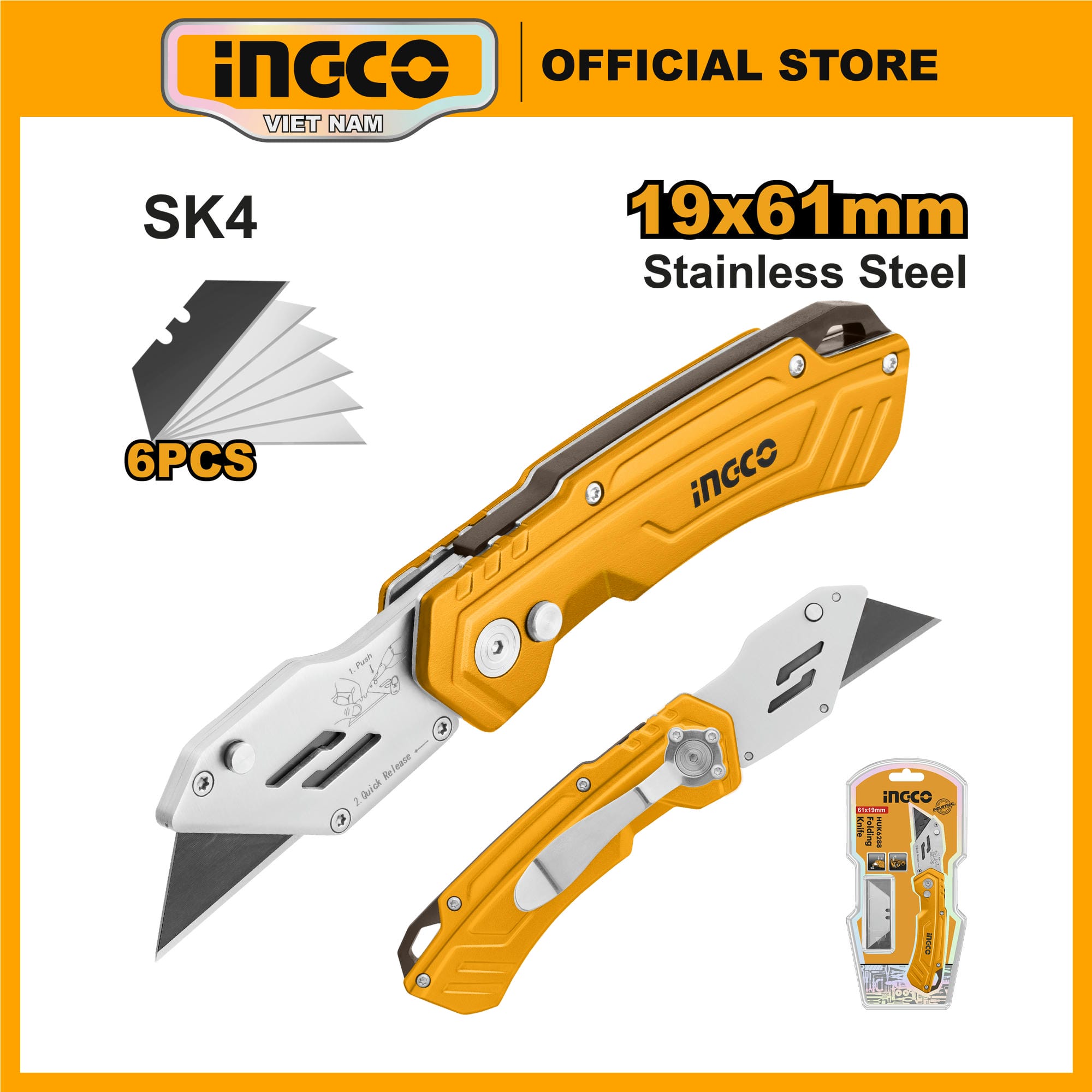 Mô tả Dao rọc giấy gấp gọn đa năng INGCO HUK6236 hợp kim nhôm | HUK6288 thép không gỉ cao cấp - 1